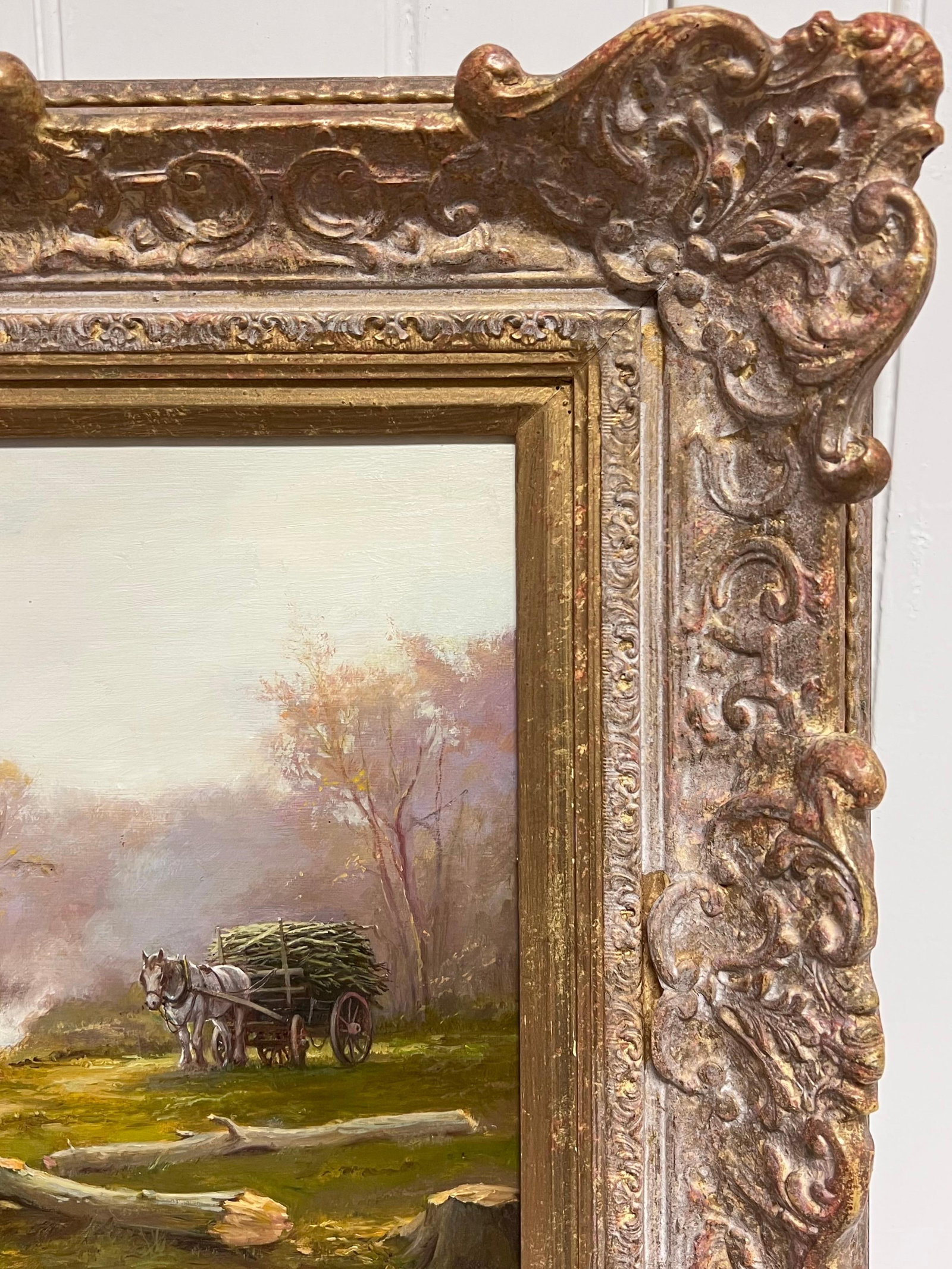 Antique English School; Lady in Woods with Logging Team Gatherin Firewood Fine English Oil Painting - 10