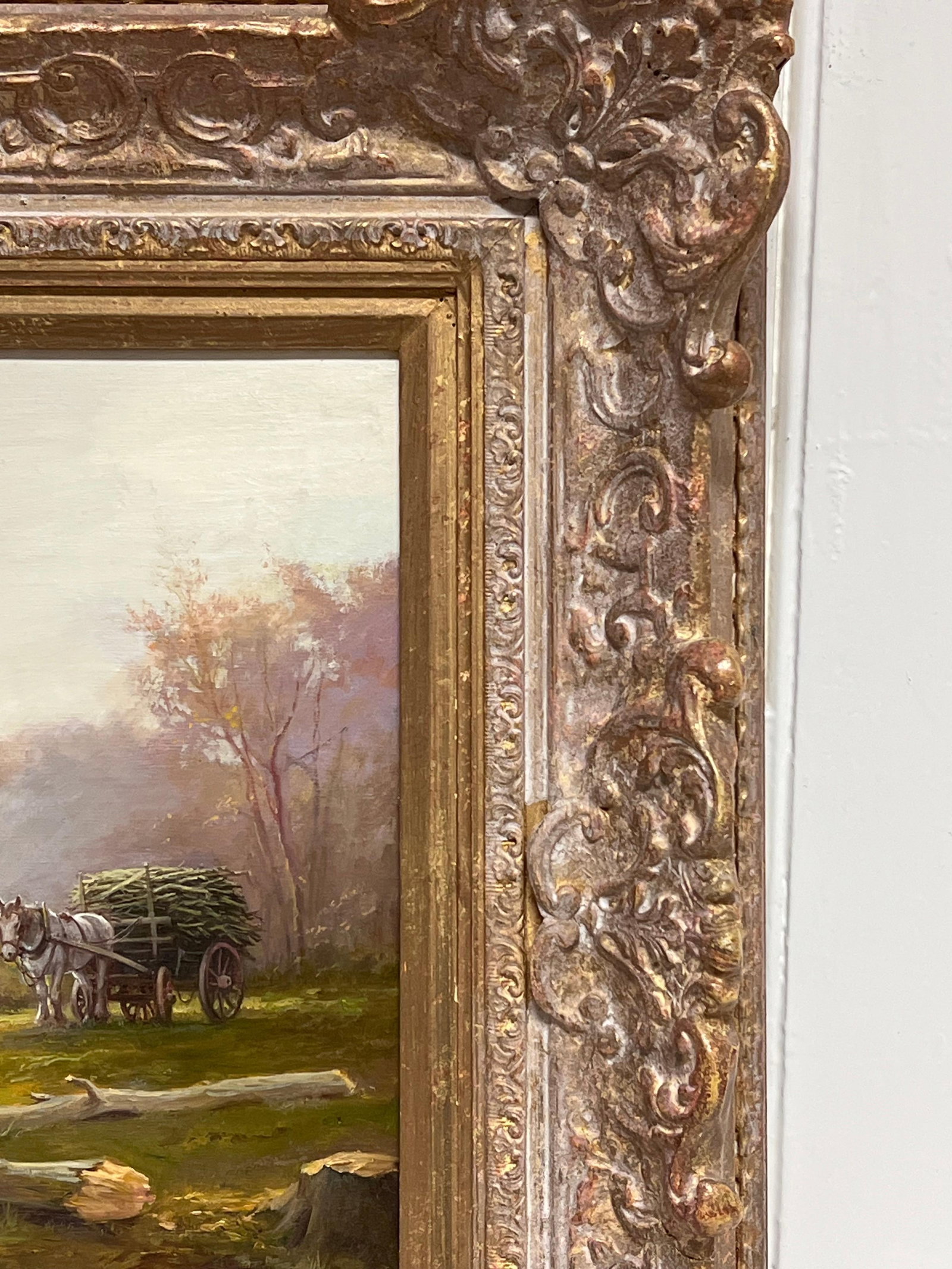 Antique English School; Lady in Woods with Logging Team Gatherin Firewood Fine English Oil Painting - 12