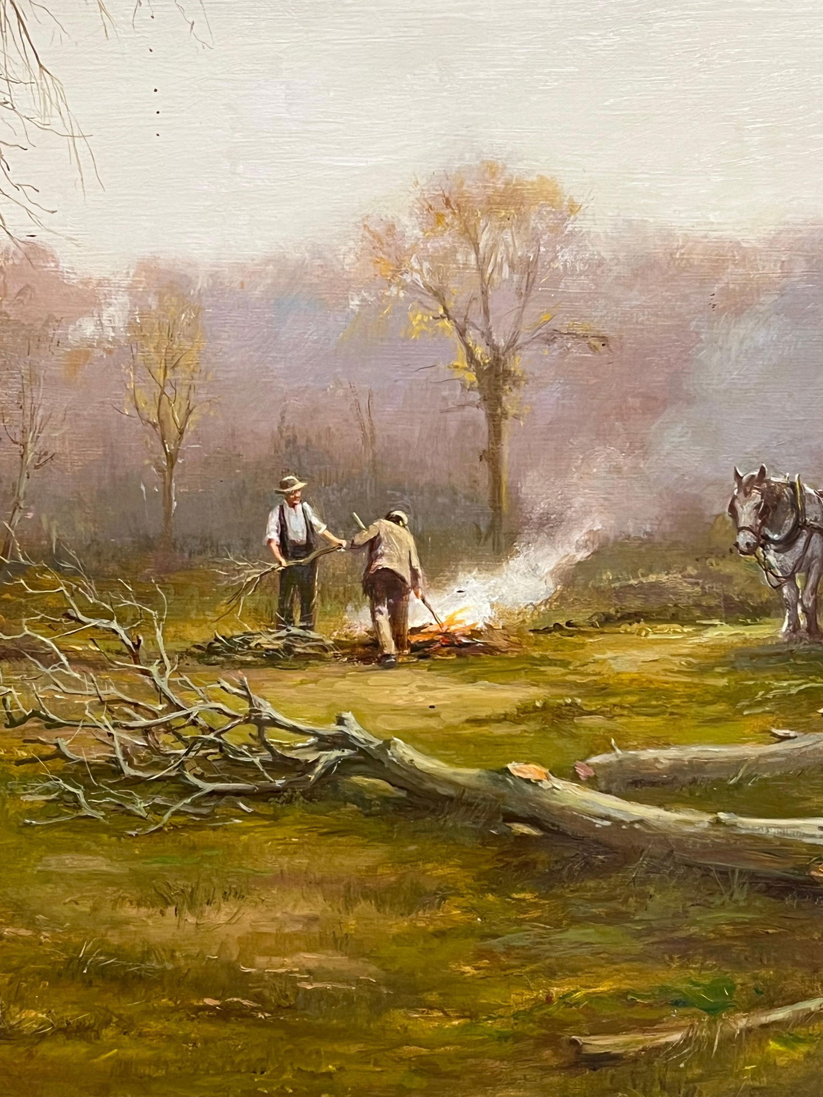 Antique English School; Lady in Woods with Logging Team Gatherin Firewood Fine English Oil Painting - 13