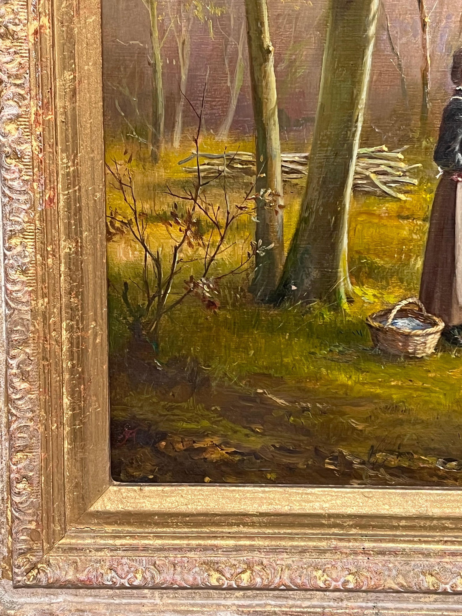 Antique English School; Lady in Woods with Logging Team Gatherin Firewood Fine English Oil Painting - 14