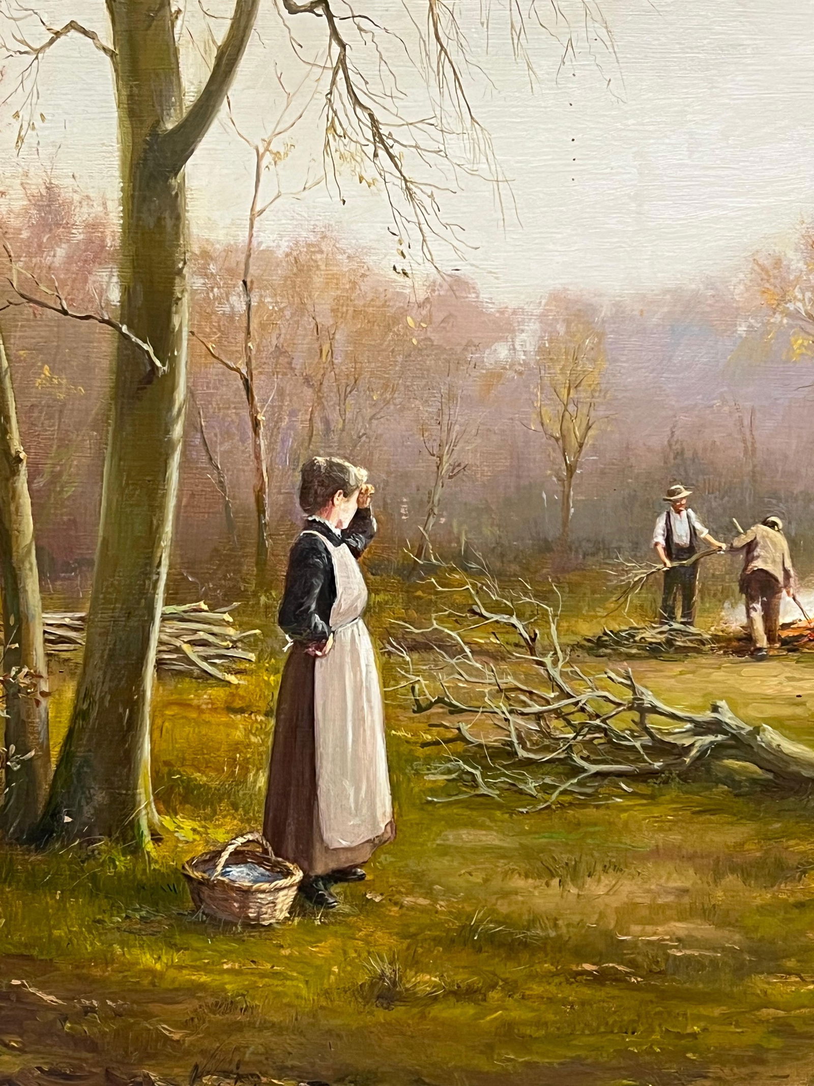 Antique English School; Lady in Woods with Logging Team Gatherin Firewood Fine English Oil Painting - 2