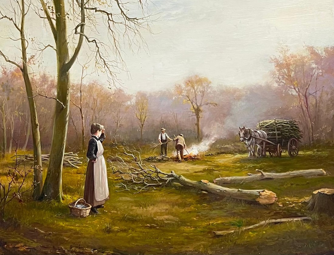 Antique English School; Lady in Woods with Logging Team Gatherin Firewood Fine English Oil Painting - 5