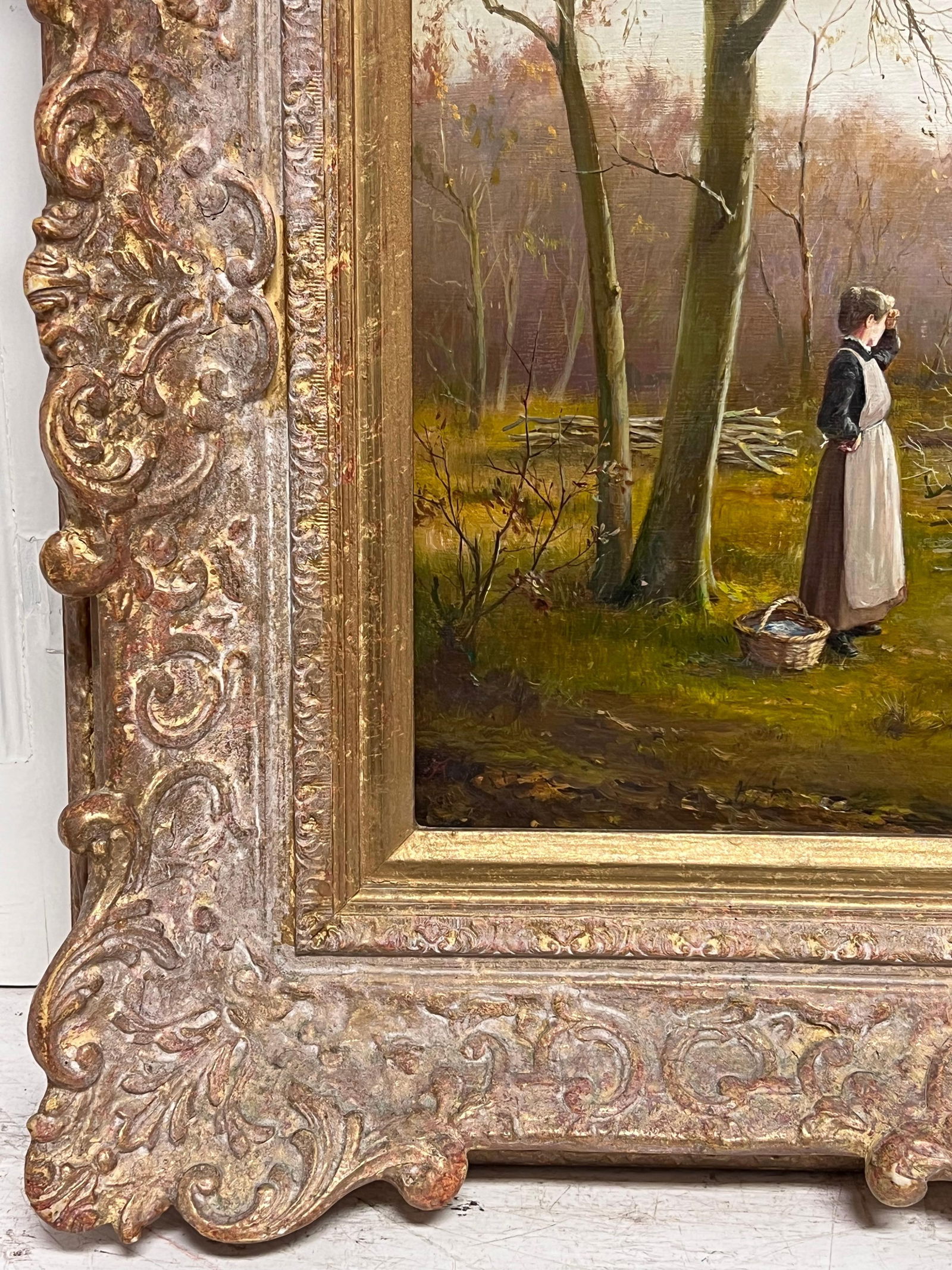 Antique English School; Lady in Woods with Logging Team Gatherin Firewood Fine English Oil Painting - 6