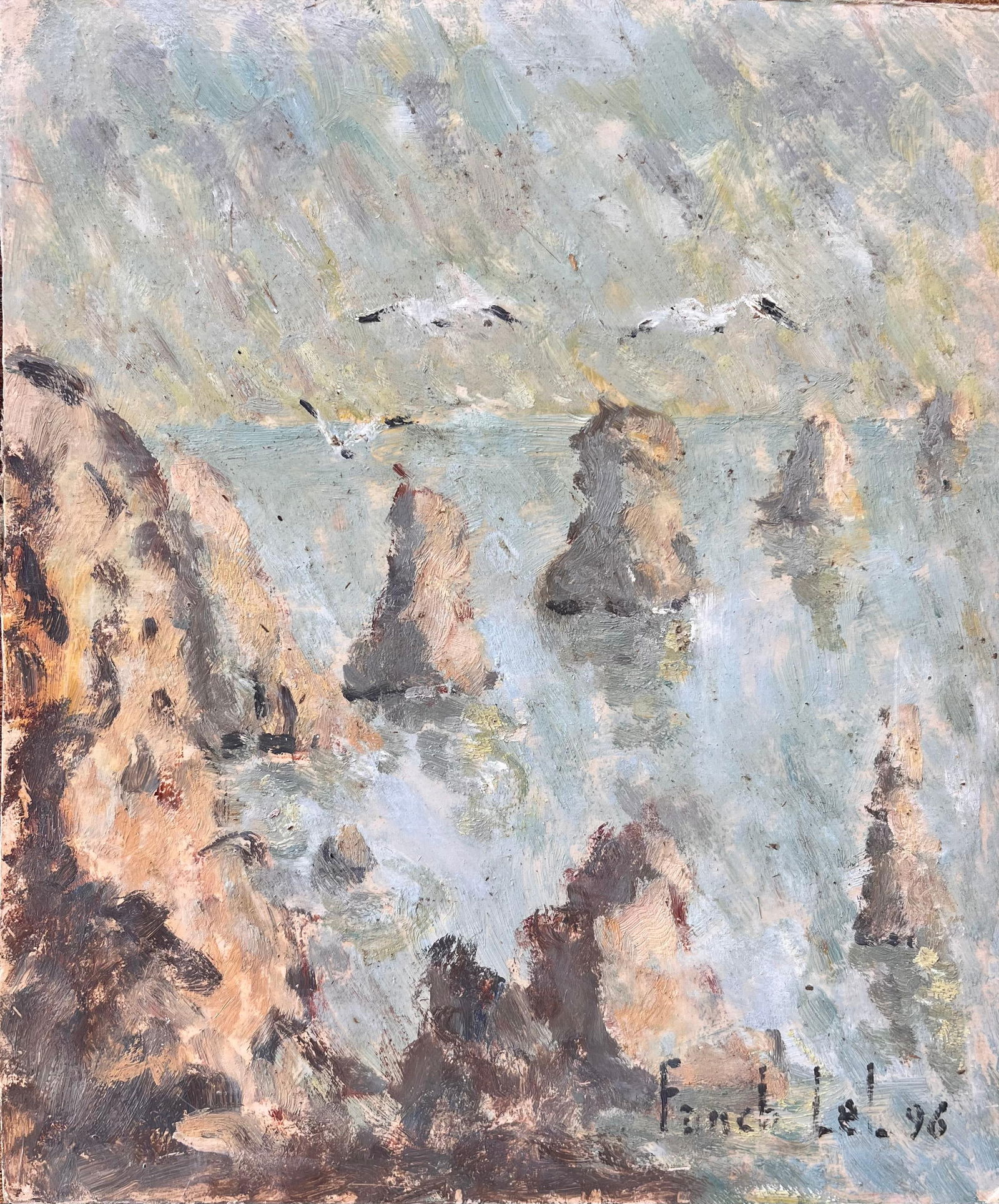 Fanch Lel; French Impressionist Oil Painting of French Seascape with Gulls and Sea Stacks, 1996 - 7