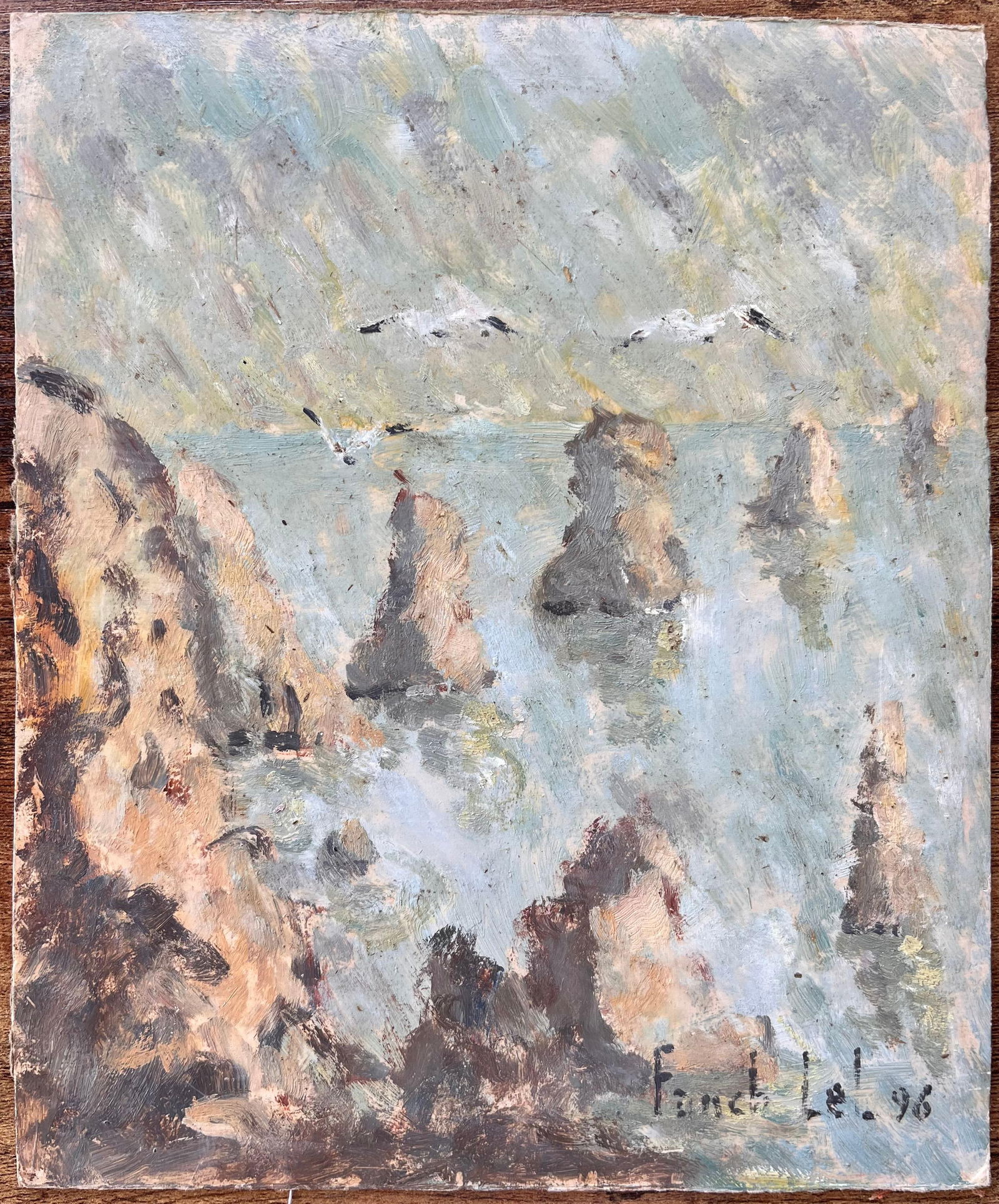 Fanch Lel; French Impressionist Oil Painting of French Seascape with Gulls and Sea Stacks, 1996 - 8