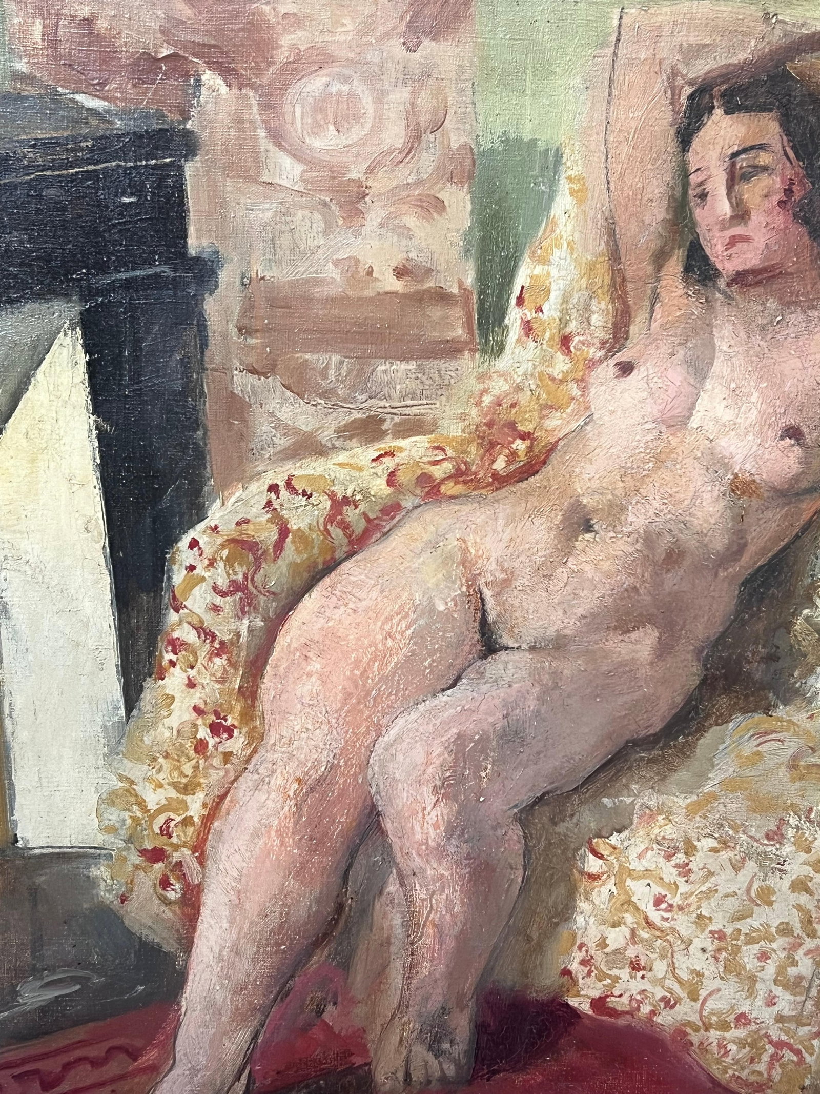 1920's French Post-Impressionist Oil Painting Figure Woman in Pink Interior Room - 10