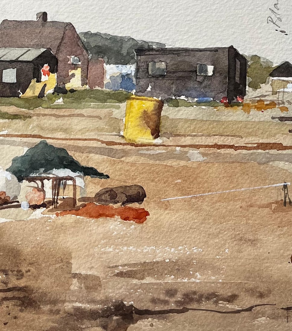 Anthony Herbert; Original Watercolour Blakesley Quay Suffolk Coastal Buildings and Sand Scene, 1993 - 9