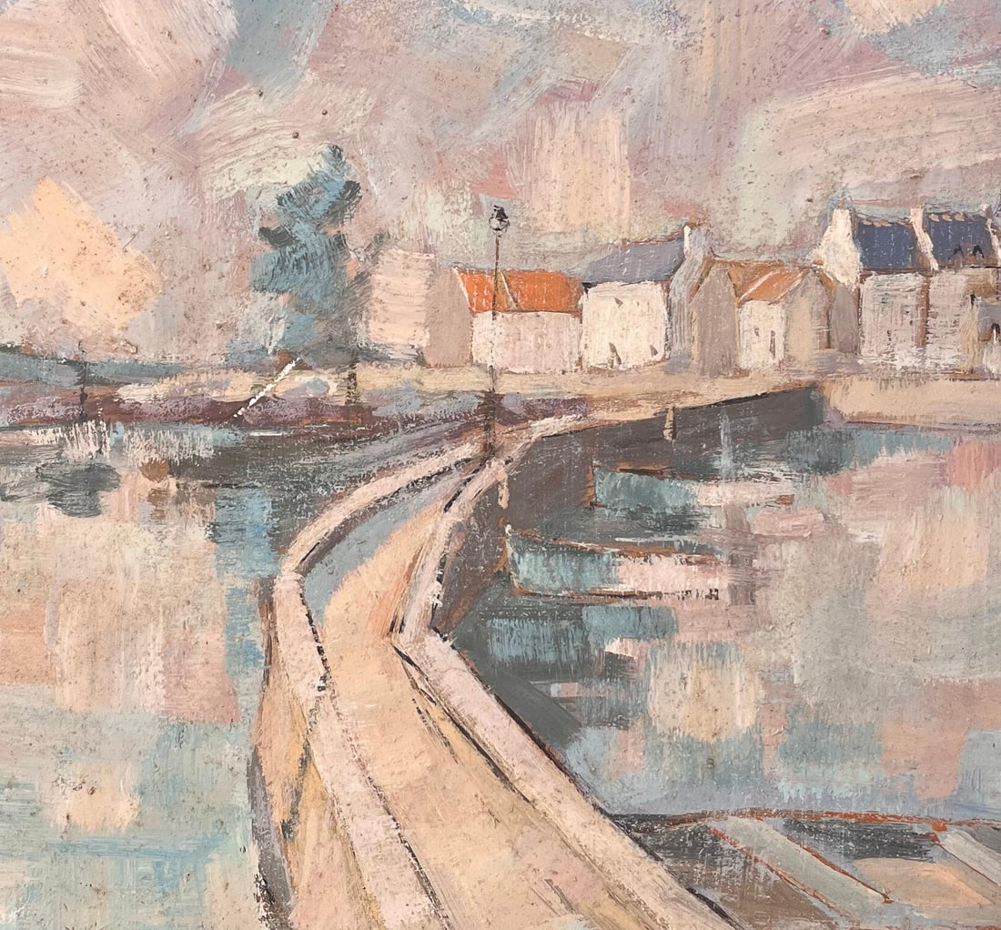 F.T Roussel; French Impressionist Harbour View with Boats and Curved Pier - 10