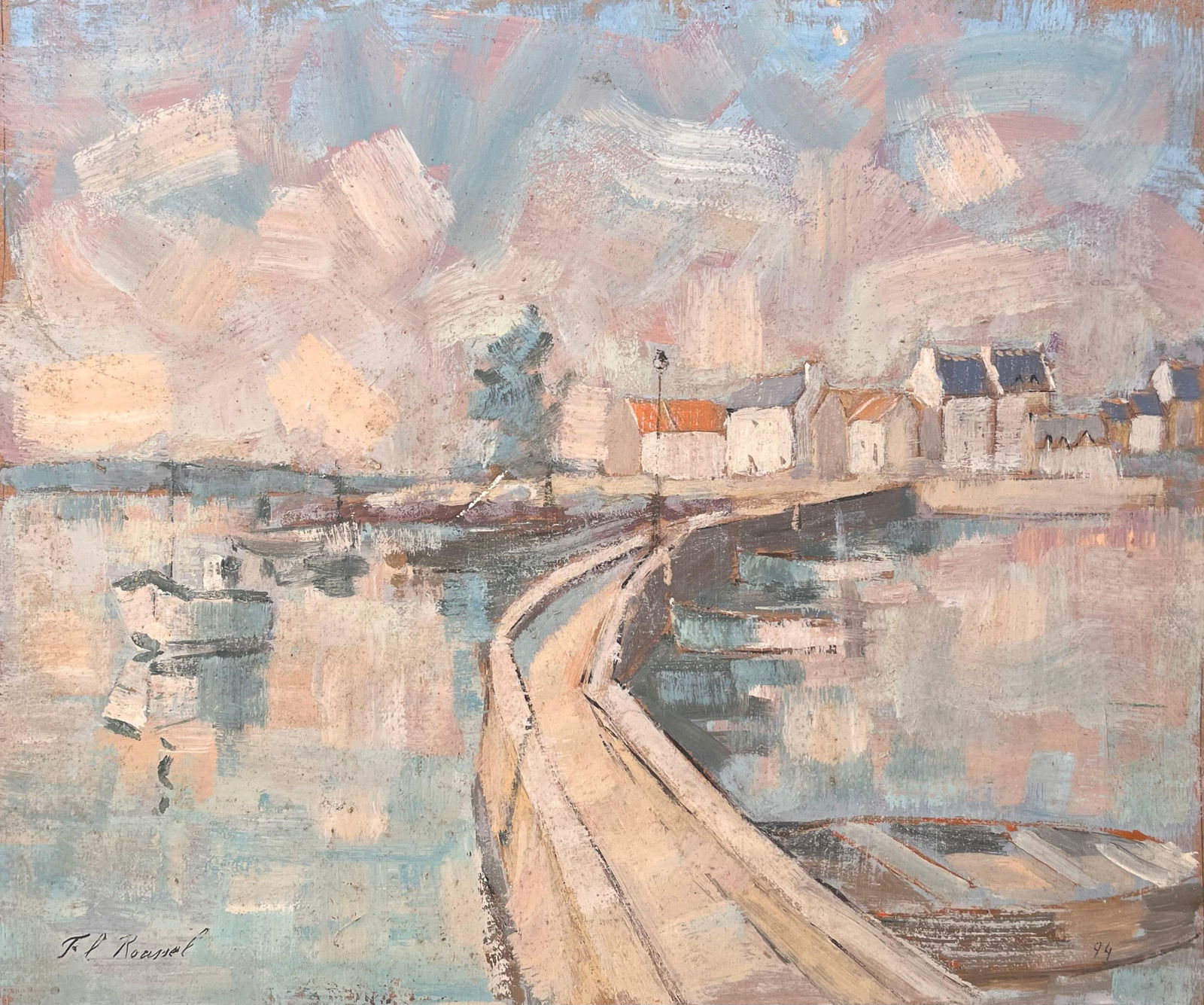 F.T Roussel; French Impressionist Harbour View with Boats and Curved Pier - 4