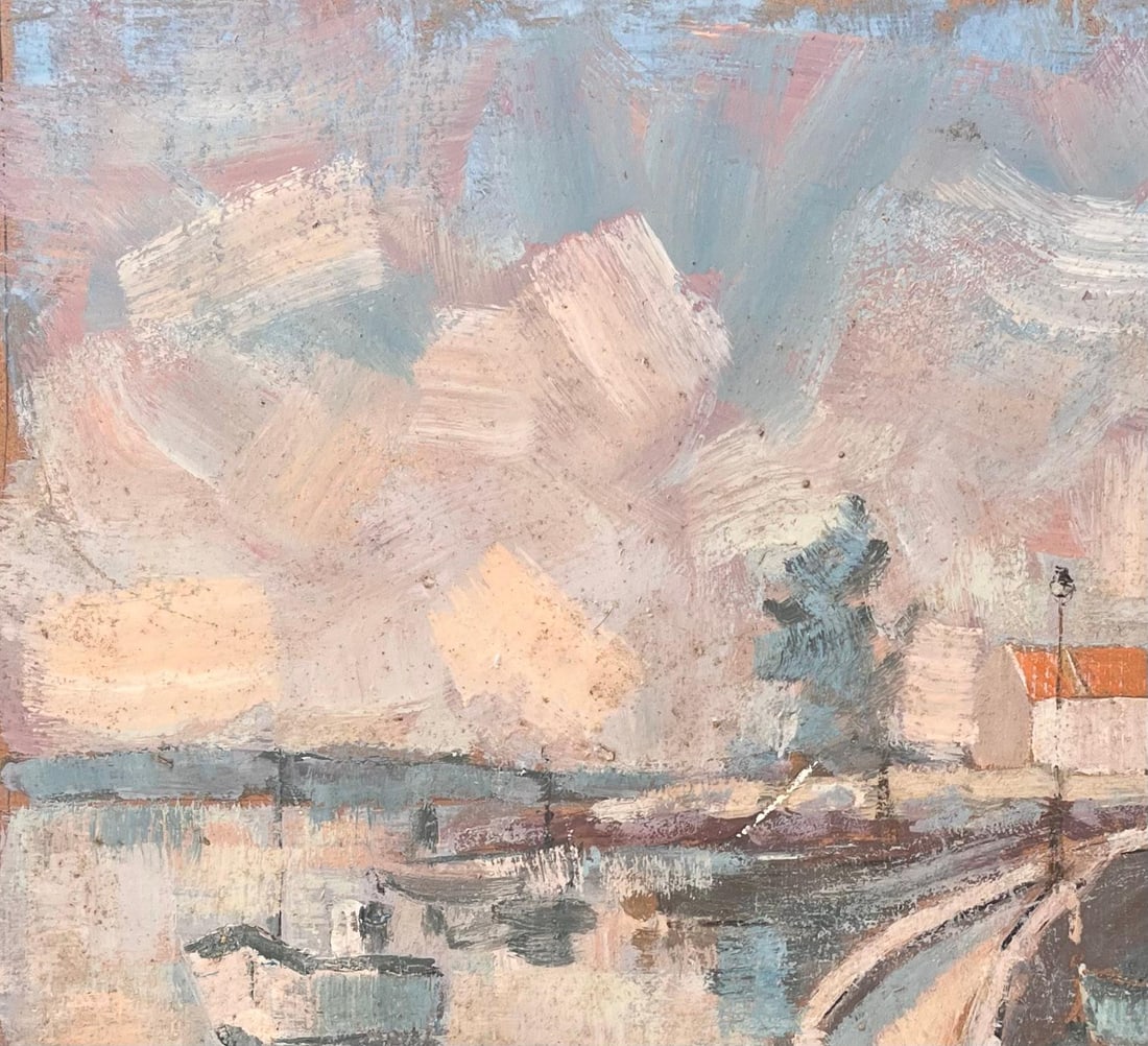 F.T Roussel; French Impressionist Harbour View with Boats and Curved Pier - 6