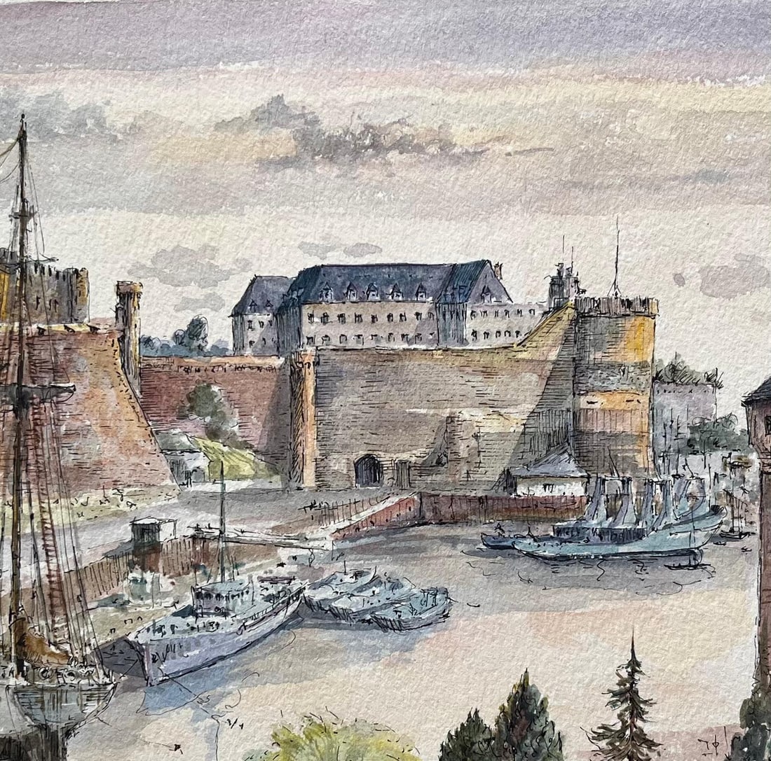 Robert Lepine (1929 - 2017); Brest Watercolor of Château and Tour Tanguy with Historic Ships, - 17