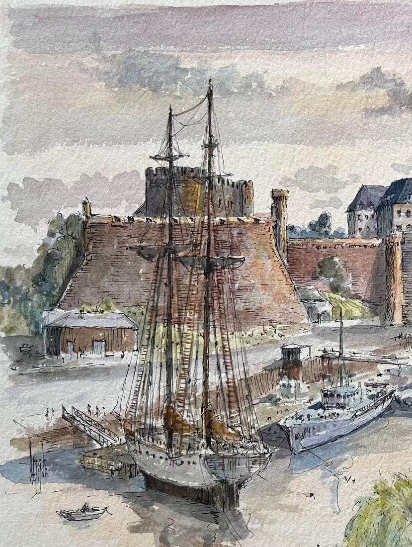 Robert Lepine (1929 - 2017); Brest Watercolor of Château and Tour Tanguy with Historic Ships, - 2