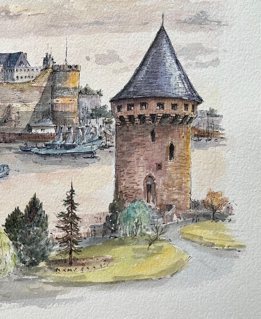 Robert Lepine (1929 - 2017); Brest Watercolor of Château and Tour Tanguy with Historic Ships, - 4