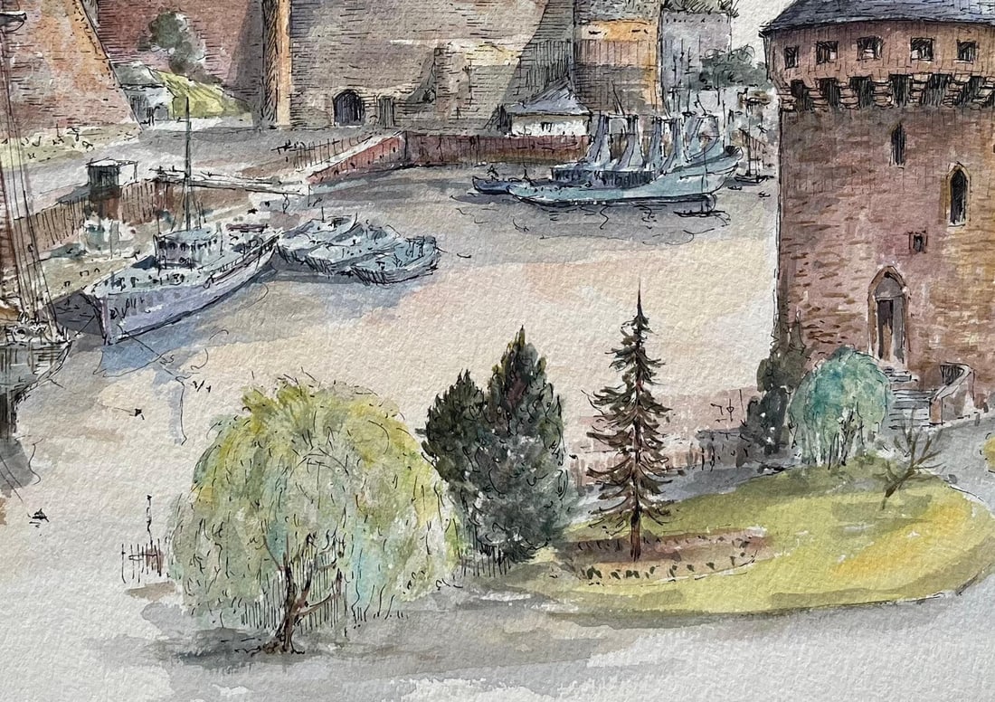 Robert Lepine (1929 - 2017); Brest Watercolor of Château and Tour Tanguy with Historic Ships, - 5