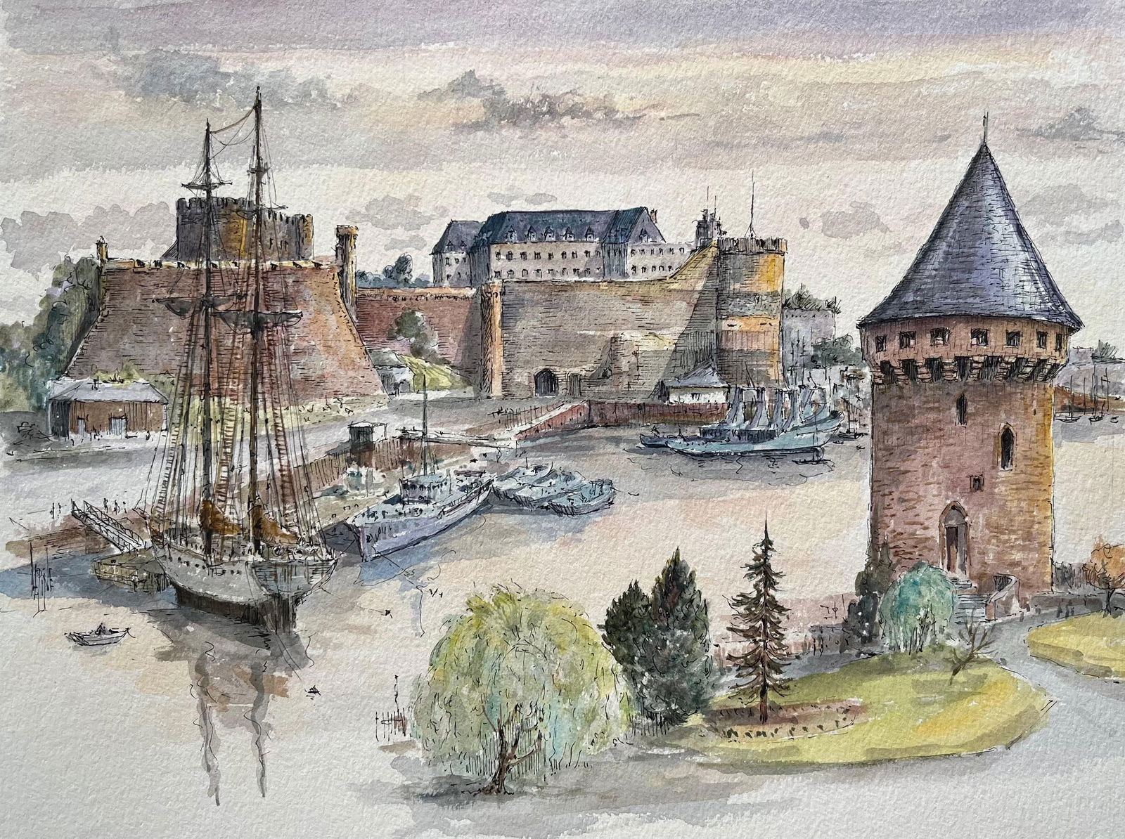 Robert Lepine (1929 - 2017); Brest Watercolor of Château and Tour Tanguy with Historic Ships, - 7