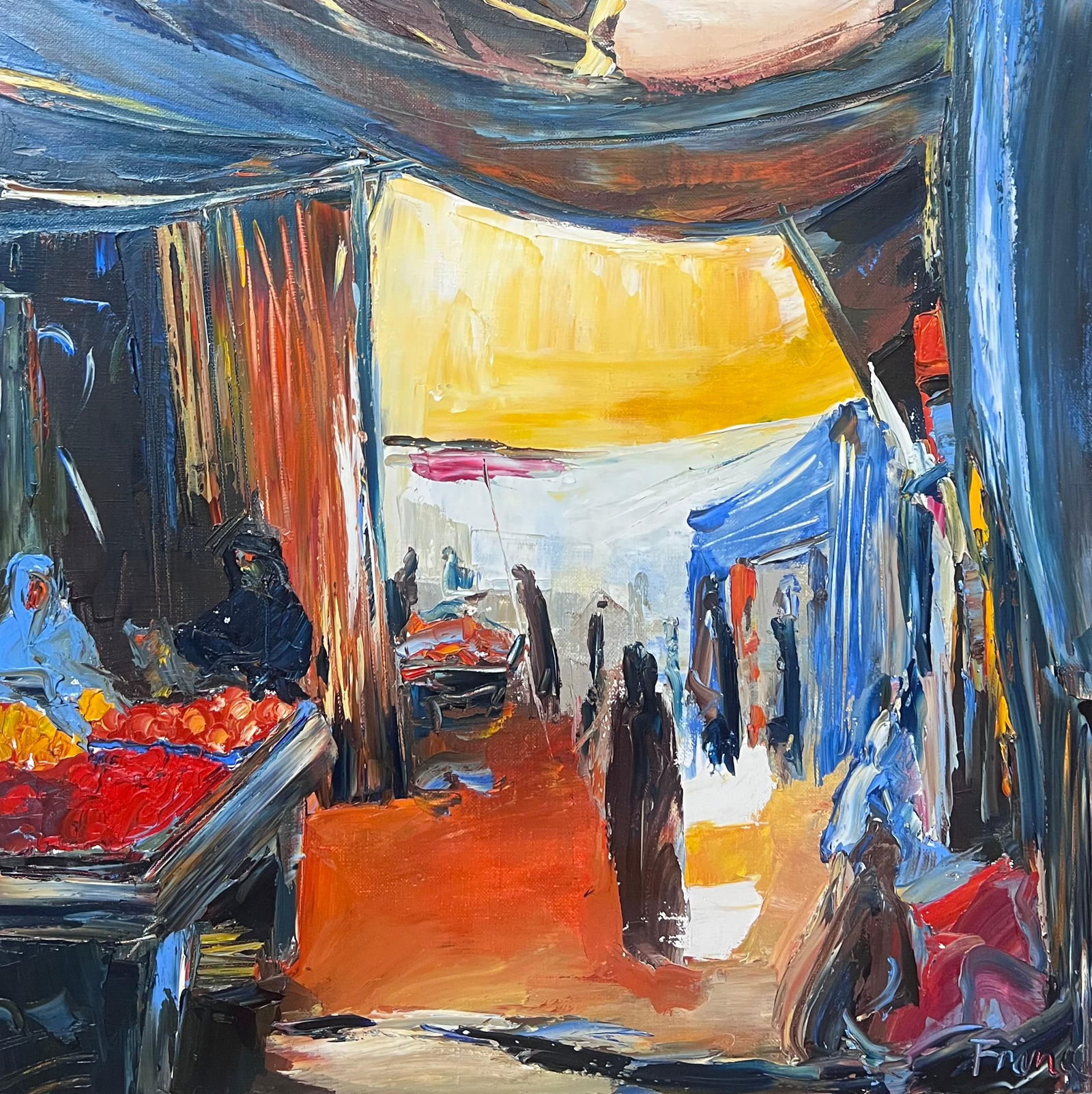 French School; North African Street Market with Figures French Modernist Signed Painting - 4