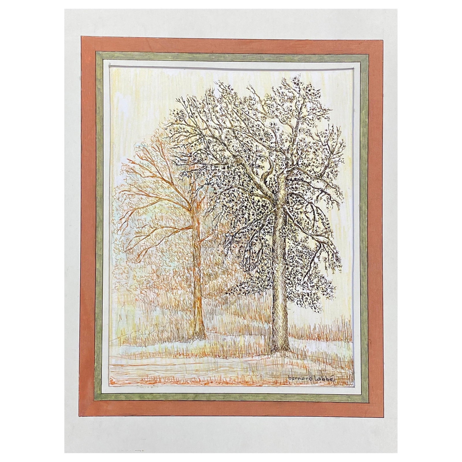 1950's Modernist Signed Painting, The Two Trees In Field, 1950s (1 of 14)