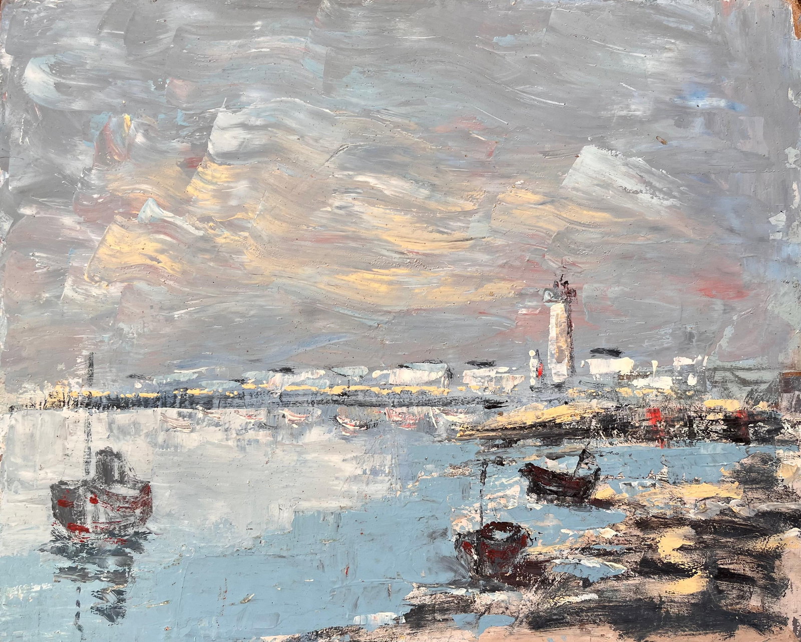 Fanch Lel; French Harbour Oil Painting of Boats Lighthouse and Rocky Shoreline at Low Tide, 1986 - 12