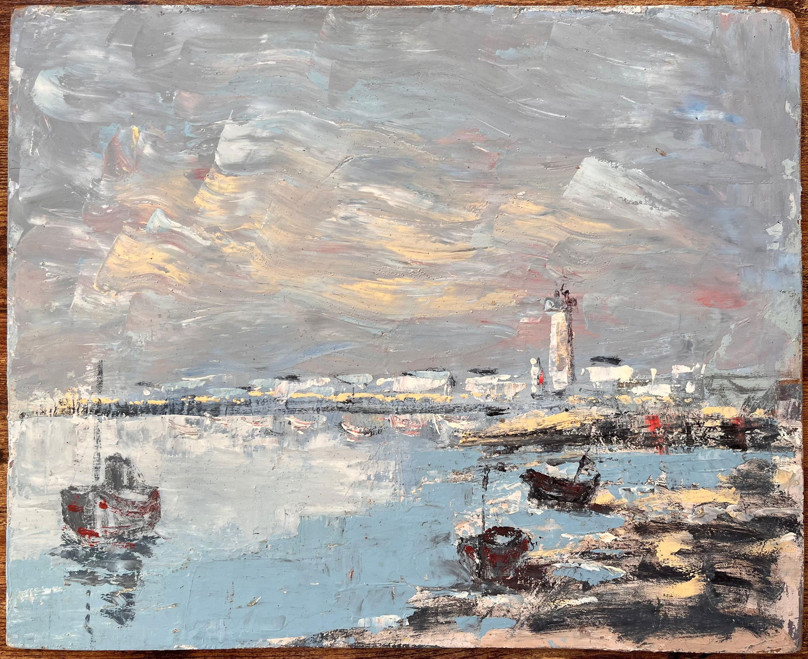 Fanch Lel; French Harbour Oil Painting of Boats Lighthouse and Rocky Shoreline at Low Tide, 1986 - 13
