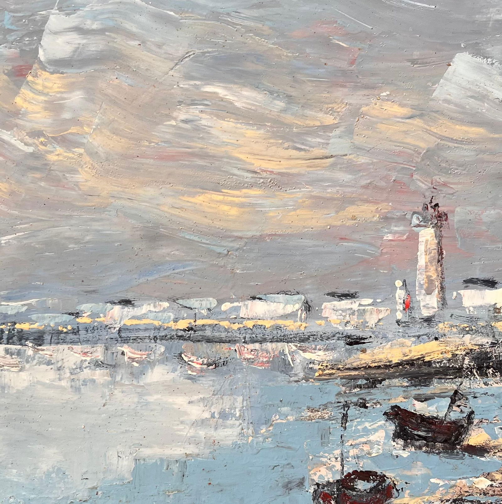 Fanch Lel; French Harbour Oil Painting of Boats Lighthouse and Rocky Shoreline at Low Tide, 1986 - 2