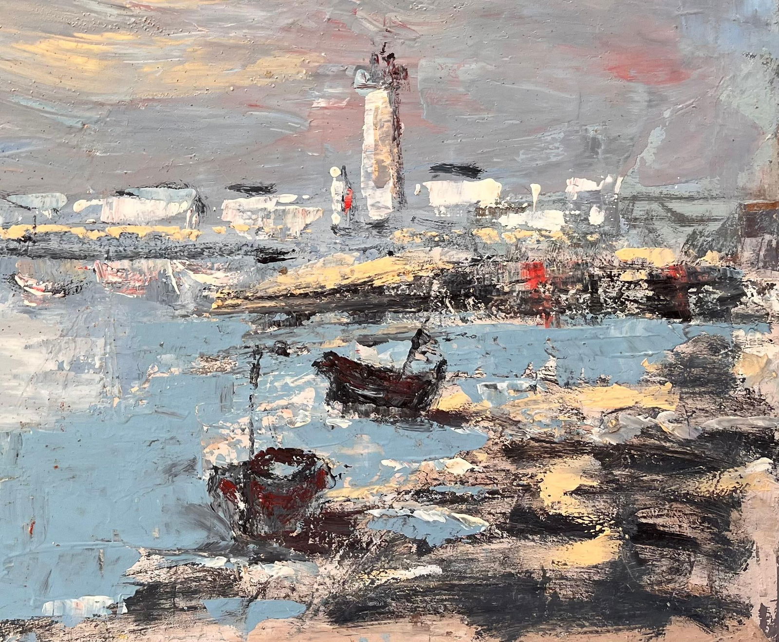 Fanch Lel; French Harbour Oil Painting of Boats Lighthouse and Rocky Shoreline at Low Tide, 1986 - 6