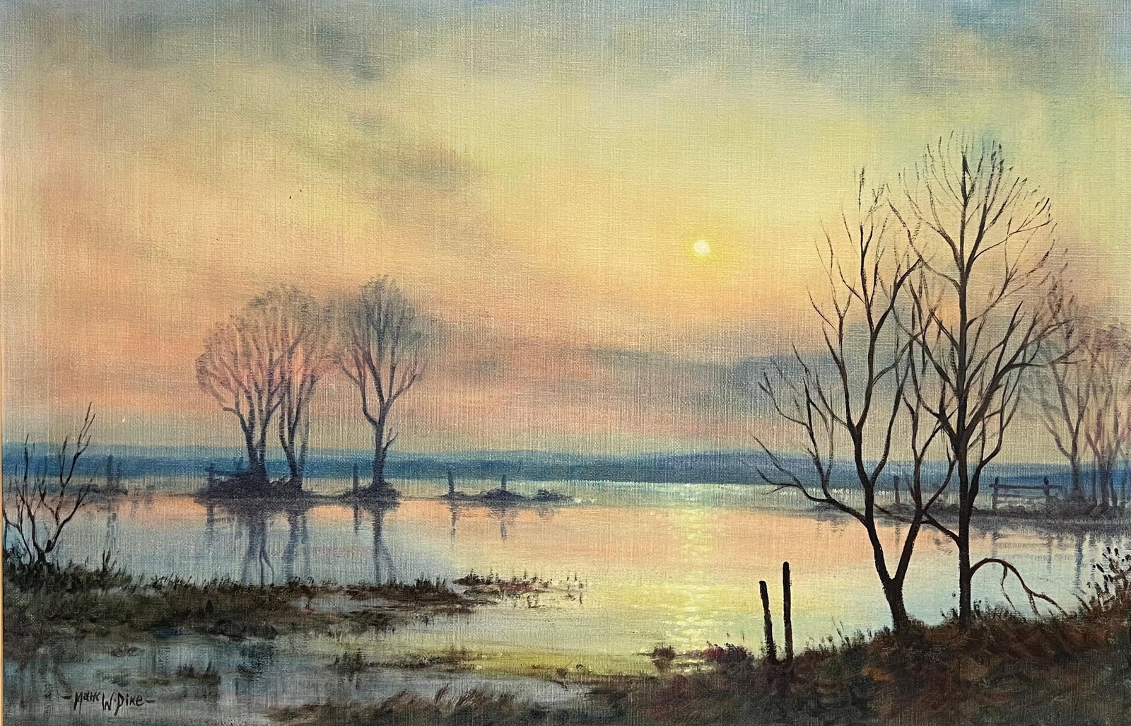 Mark W. Pike; Large 1970's British Signed Oil Painting Atmospheric Flooded Fields Sunset - 8