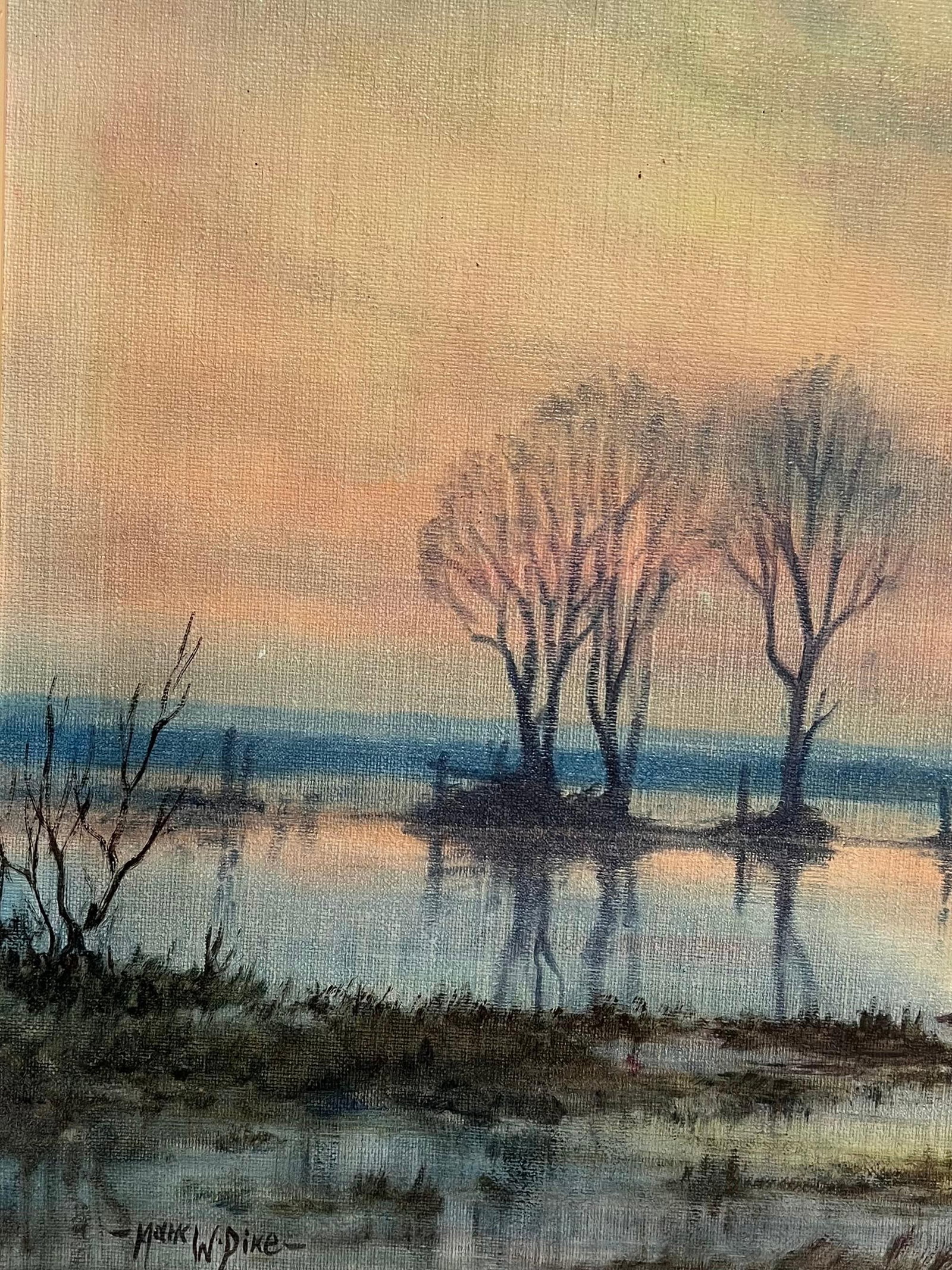 Mark W. Pike; Large 1970's British Signed Oil Painting Atmospheric Flooded Fields Sunset - 12
