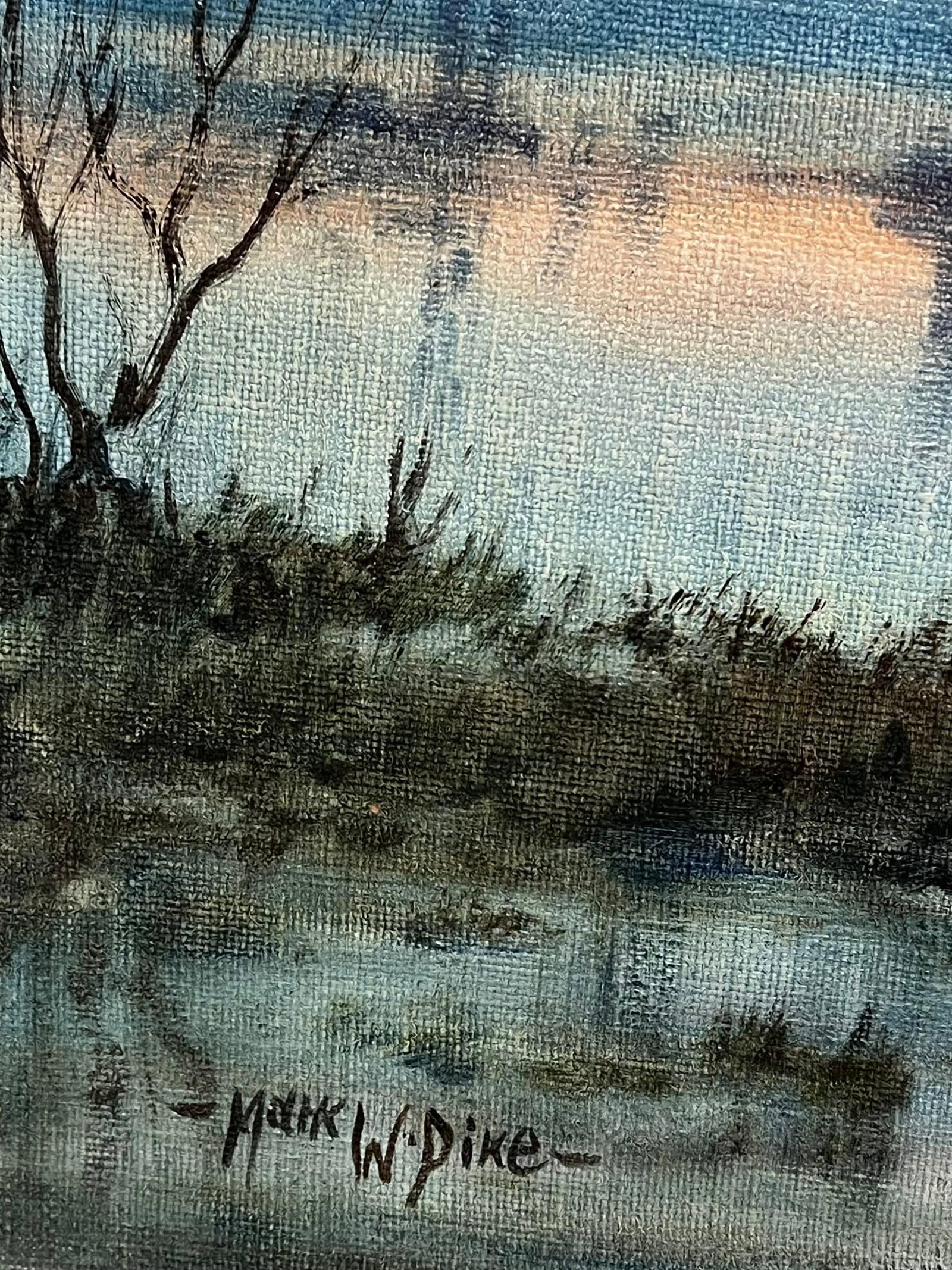 Mark W. Pike; Large 1970's British Signed Oil Painting Atmospheric Flooded Fields Sunset - 14
