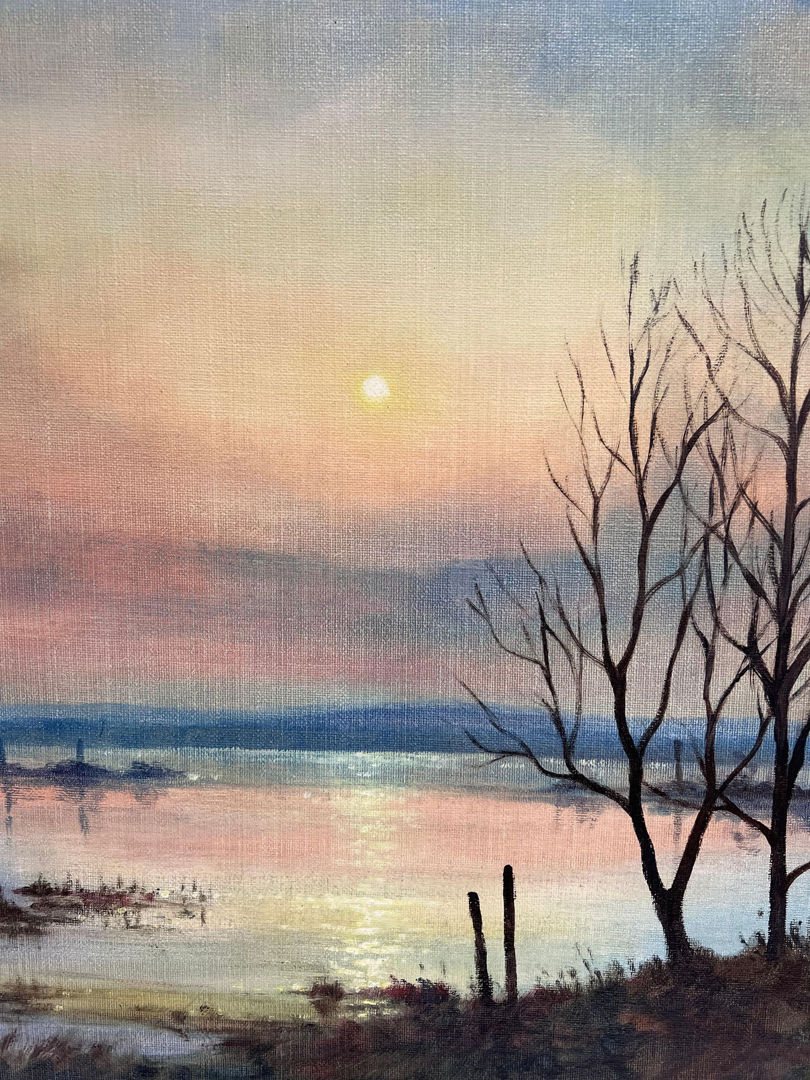 Mark W. Pike; Large 1970's British Signed Oil Painting Atmospheric Flooded Fields Sunset - 3