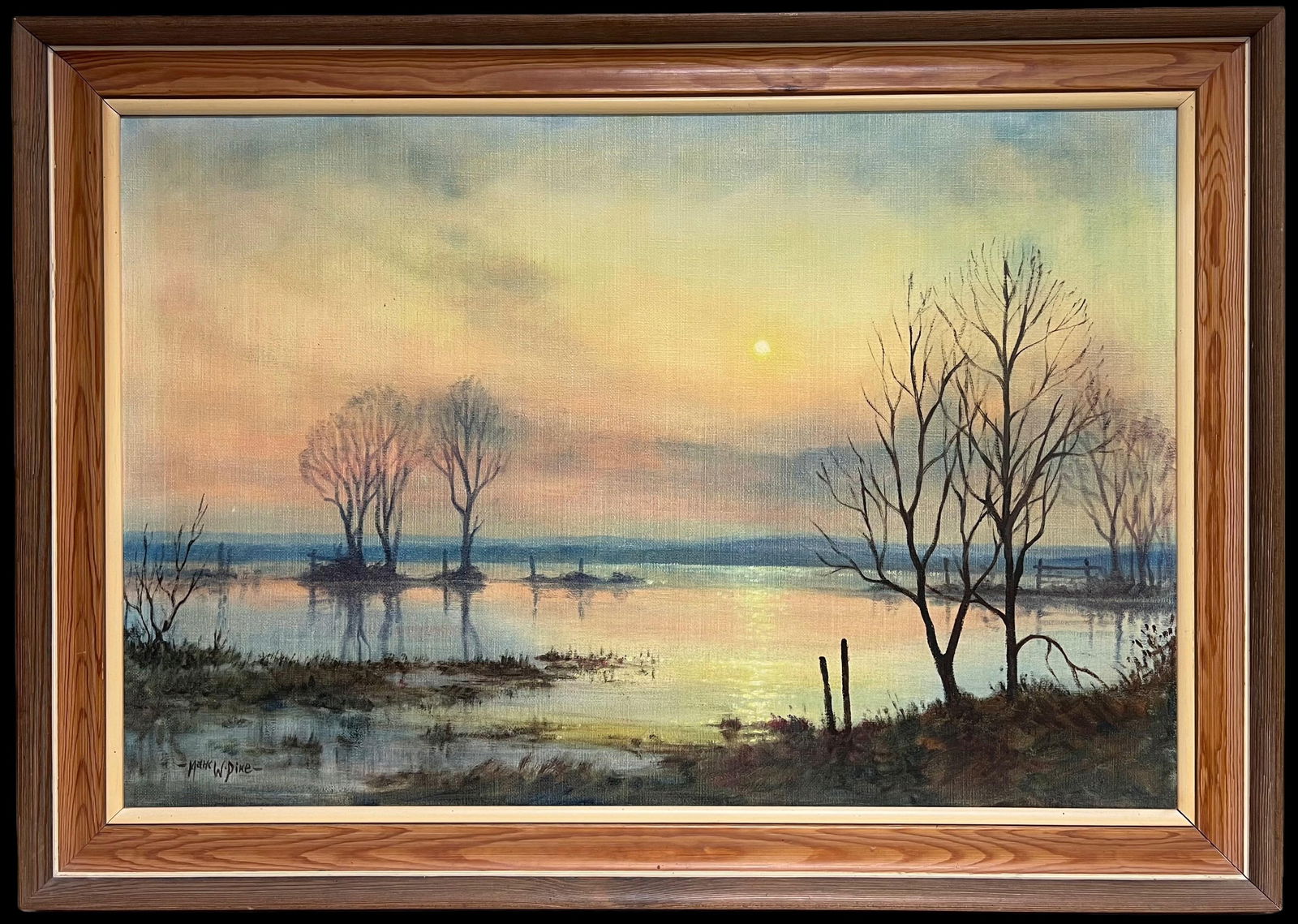 Mark W. Pike; Large 1970's British Signed Oil Painting Atmospheric Flooded Fields Sunset - 5