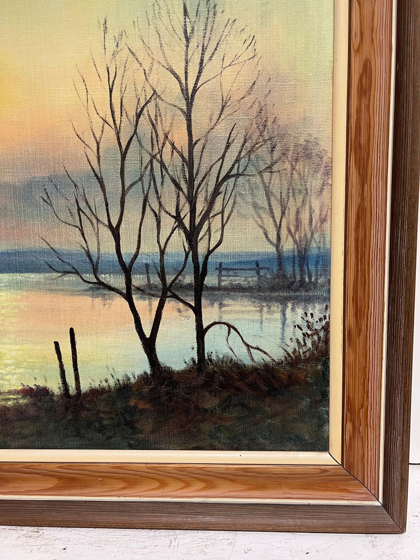 Mark W. Pike; Large 1970's British Signed Oil Painting Atmospheric Flooded Fields Sunset - 6