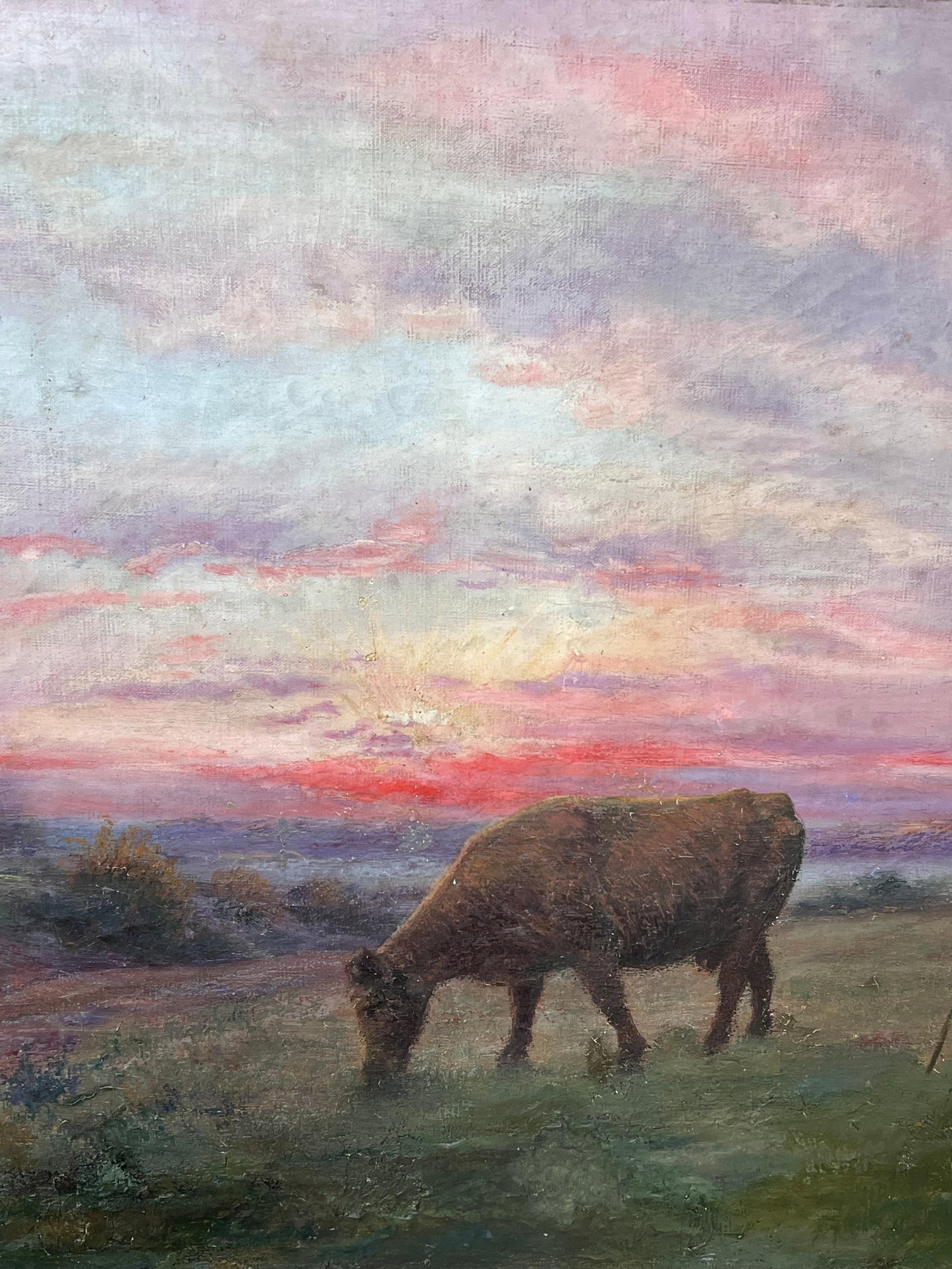 French School; Antique French Romantic Signed Oil Painting Farmer & Cow Sunset Field Landscape - 7