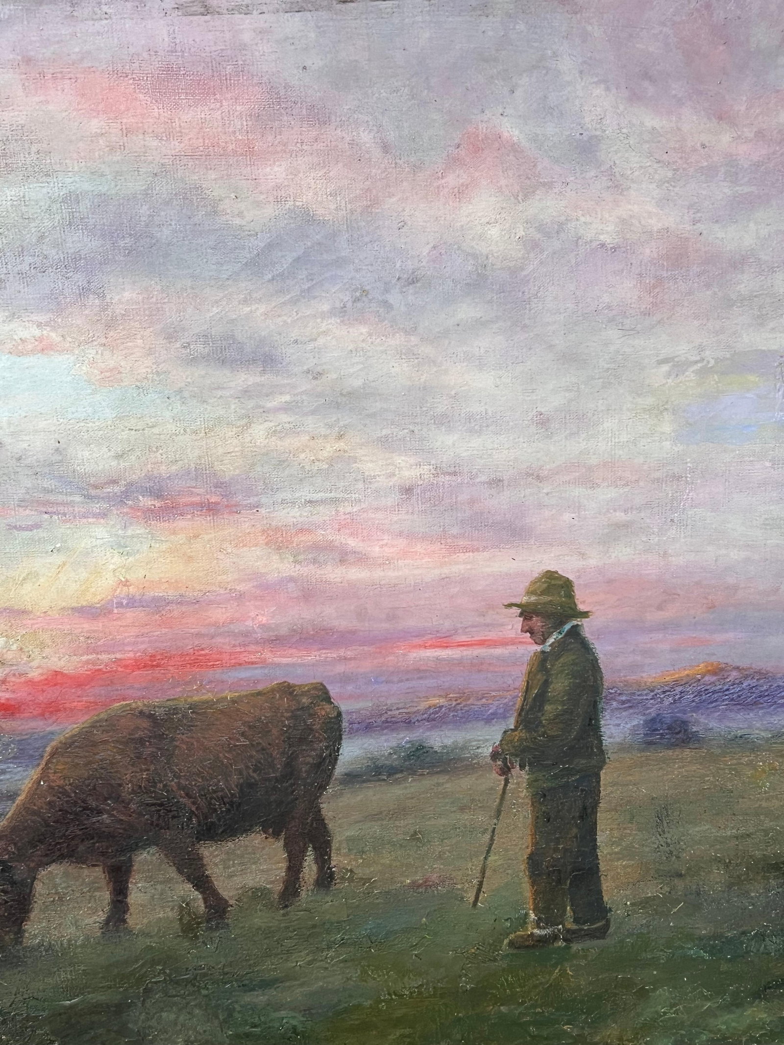 French School; Antique French Romantic Signed Oil Painting Farmer & Cow Sunset Field Landscape - 9