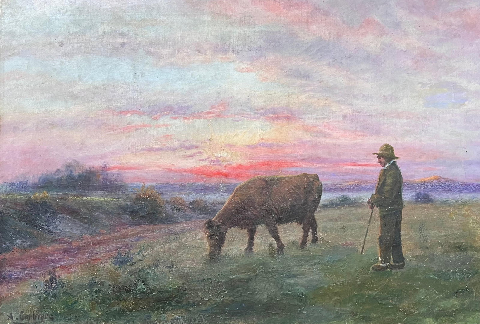 French School; Antique French Romantic Signed Oil Painting Farmer & Cow Sunset Field Landscape - 14