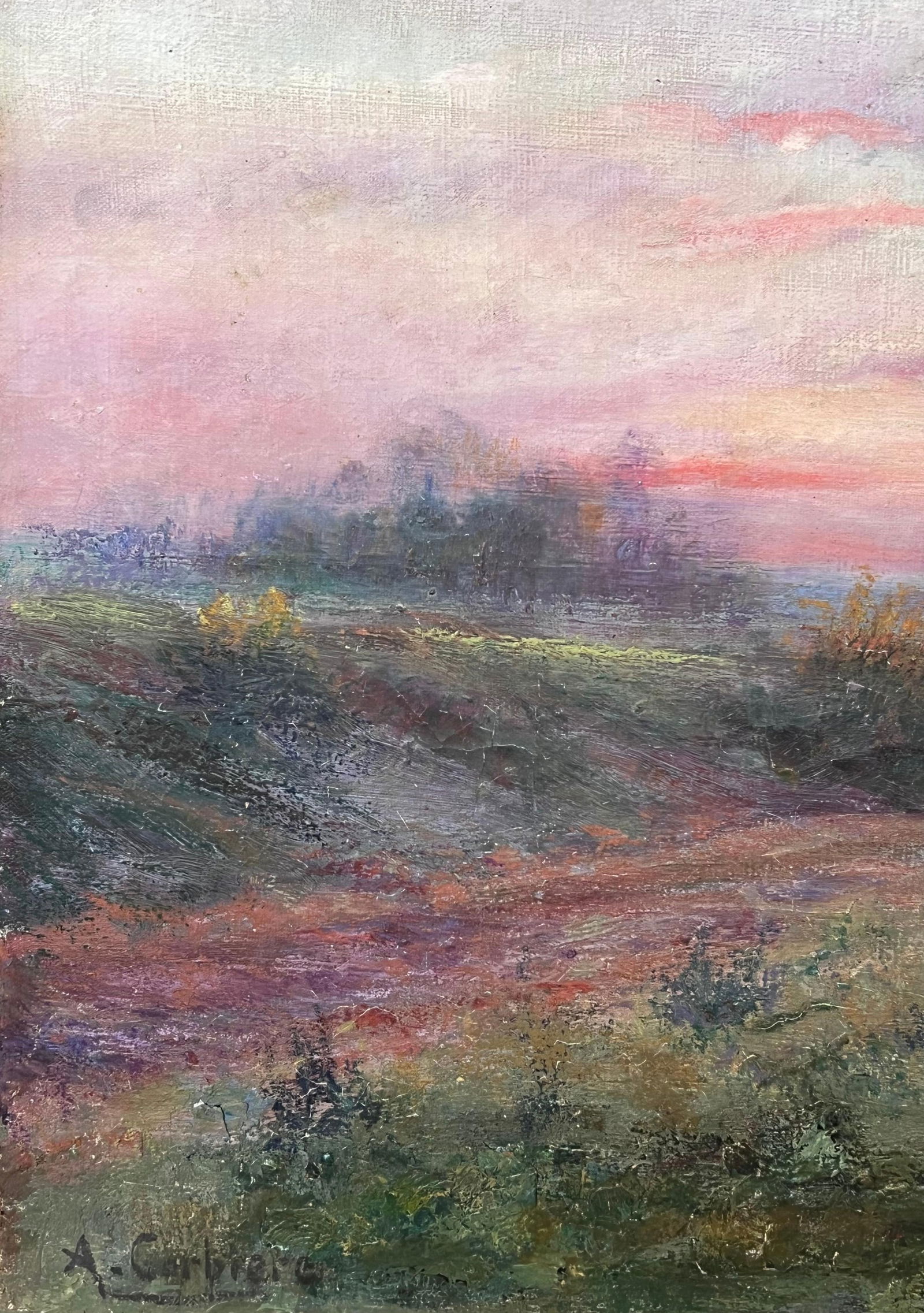 French School; Antique French Romantic Signed Oil Painting Farmer & Cow Sunset Field Landscape - 2