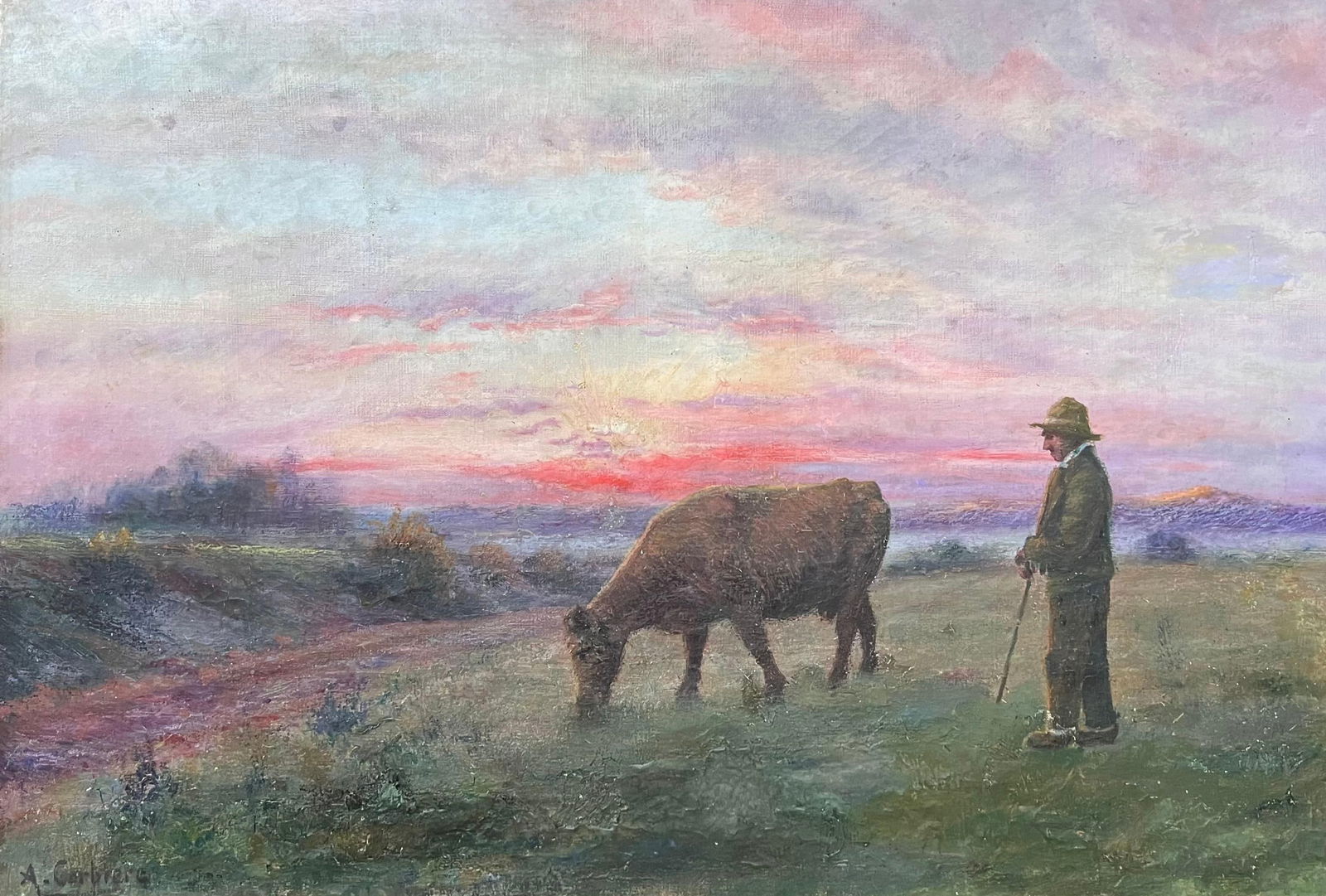 French School; Antique French Romantic Signed Oil Painting Farmer & Cow Sunset Field Landscape - 4