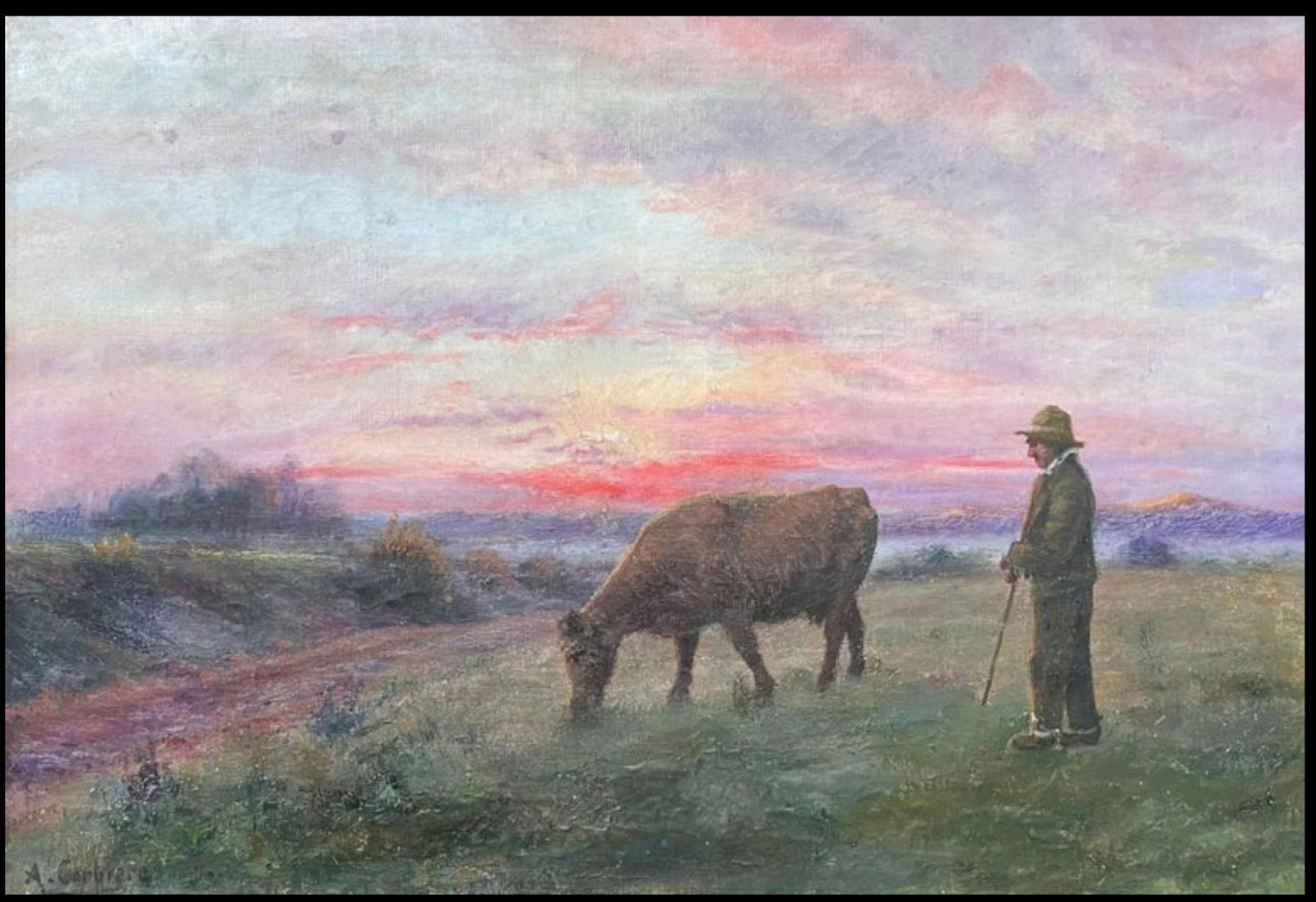 French School; Antique French Romantic Signed Oil Painting Farmer & Cow Sunset Field Landscape - 5