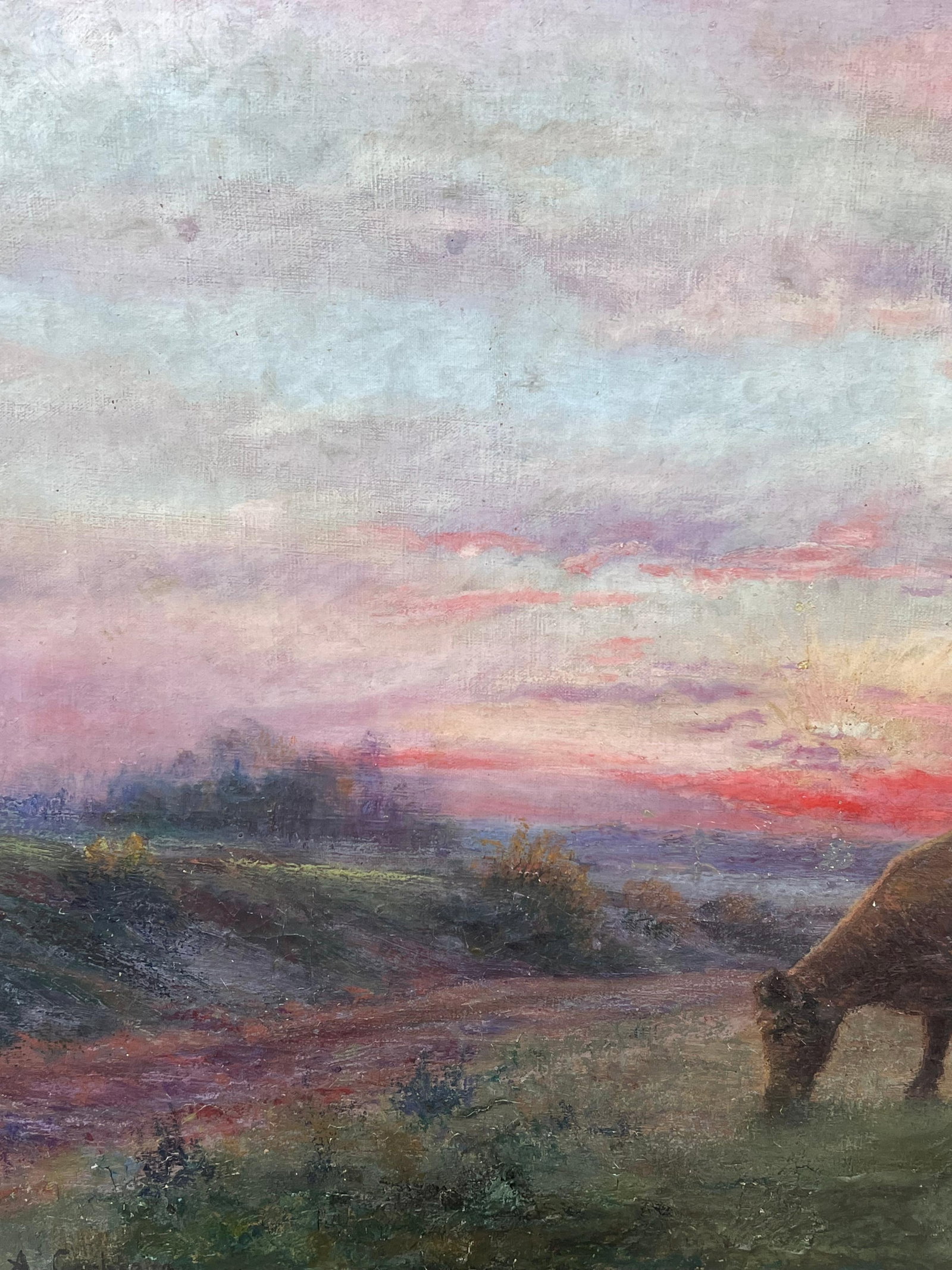 French School; Antique French Romantic Signed Oil Painting Farmer & Cow Sunset Field Landscape - 6