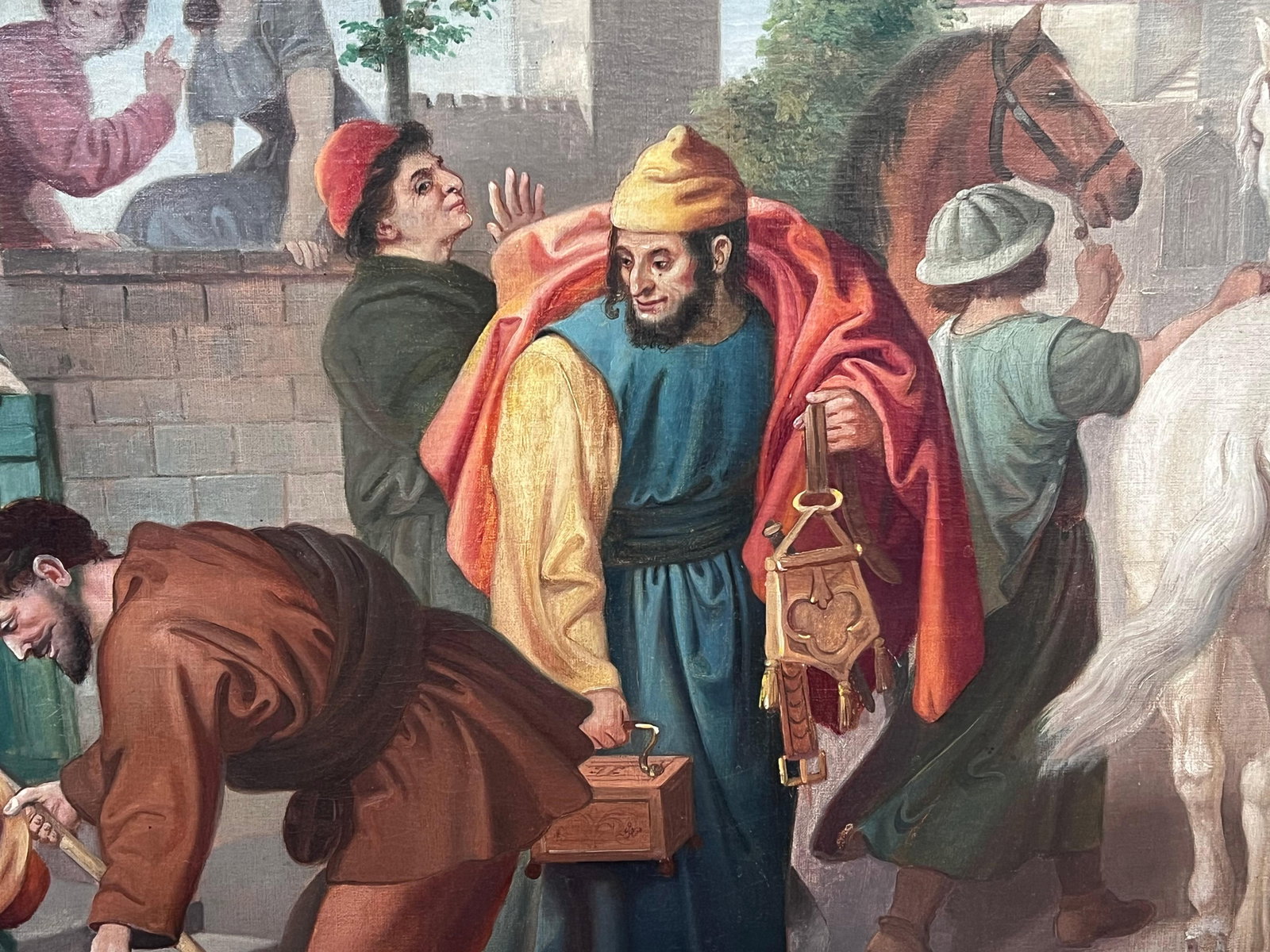 French School; 19th Century French Theatrical Oil Painting Merchants outside City Building, 19th - 7