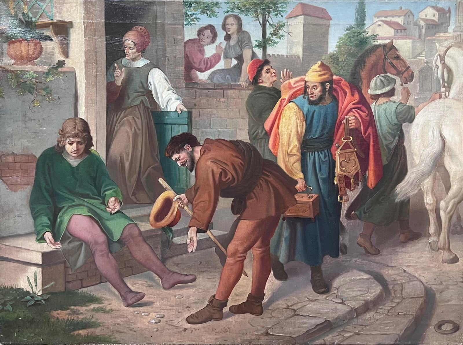 French School; 19th Century French Theatrical Oil Painting Merchants outside City Building, 19th - 12