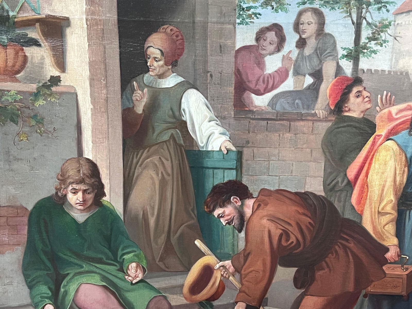 French School; 19th Century French Theatrical Oil Painting Merchants outside City Building, 19th - 2