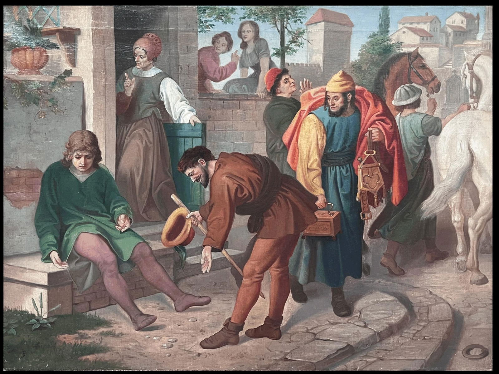 French School; 19th Century French Theatrical Oil Painting Merchants outside City Building, 19th - 5