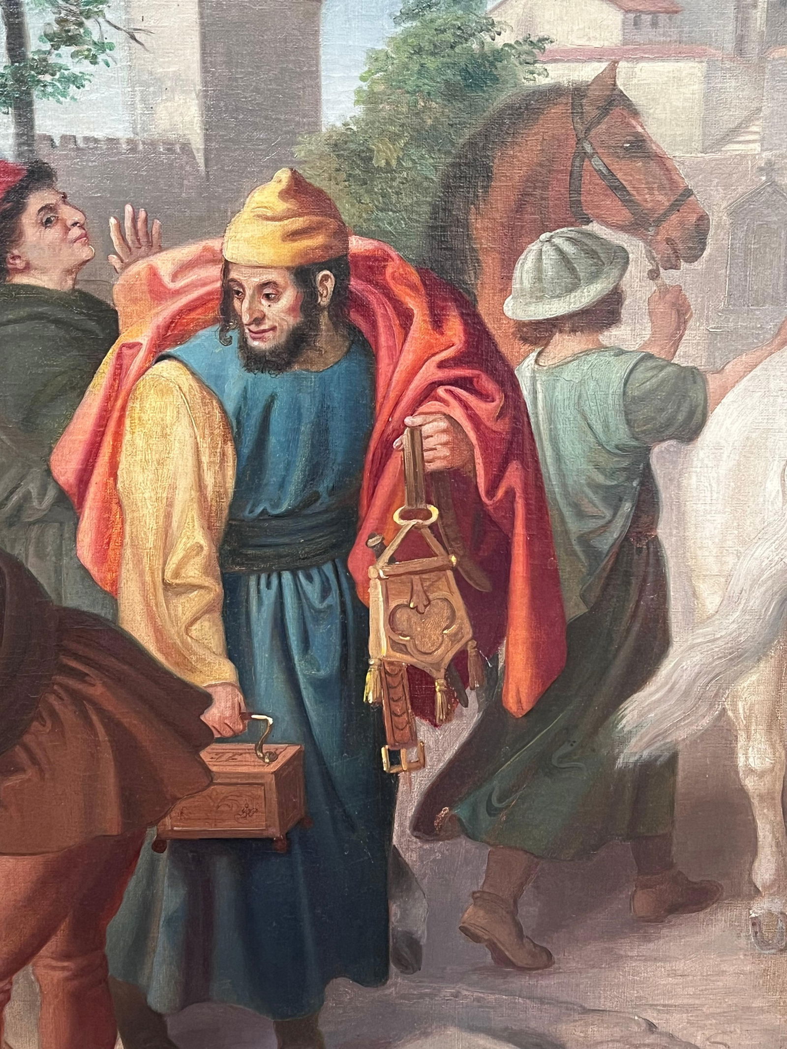 French School; 19th Century French Theatrical Oil Painting Merchants outside City Building, 19th - 6