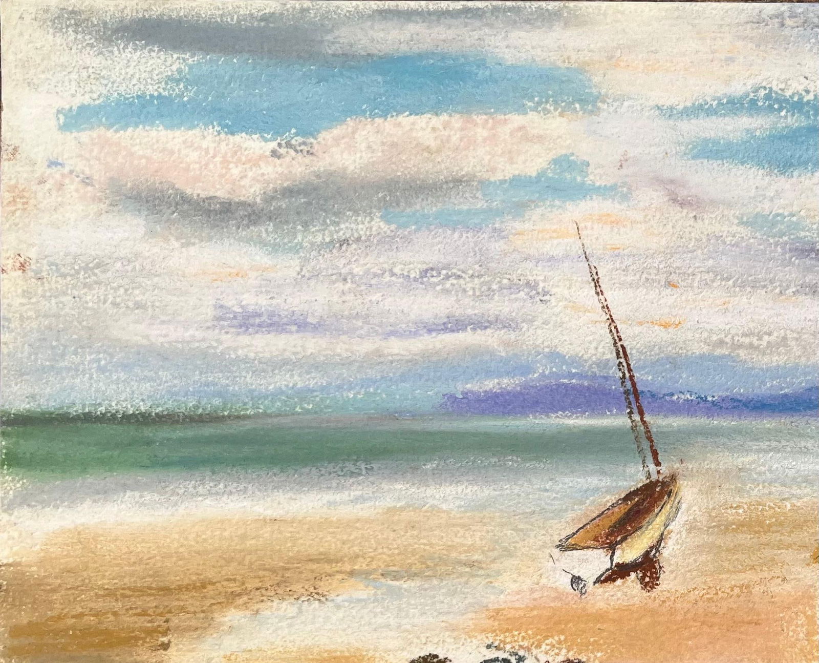 Anne Marie Migette Perard; French Mid-Century Pastel Beach Scene with Sailboat and Bathing Huts - 11