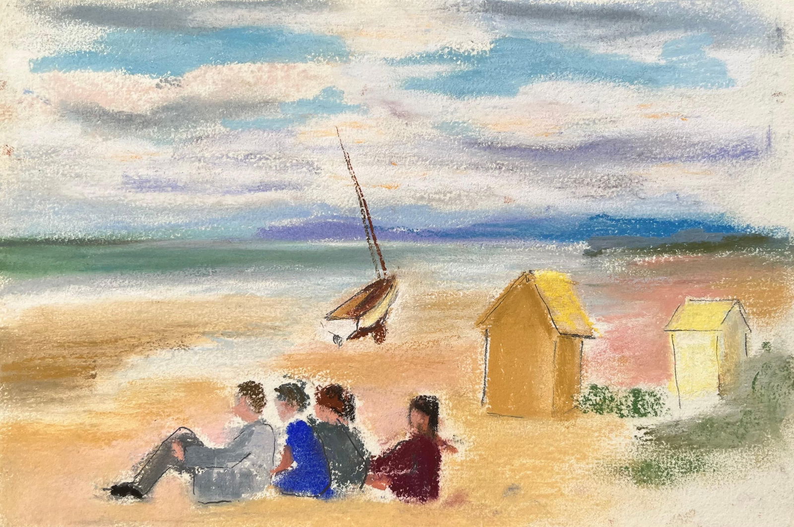 Anne Marie Migette Perard; French Mid-Century Pastel Beach Scene with Sailboat and Bathing Huts - 15