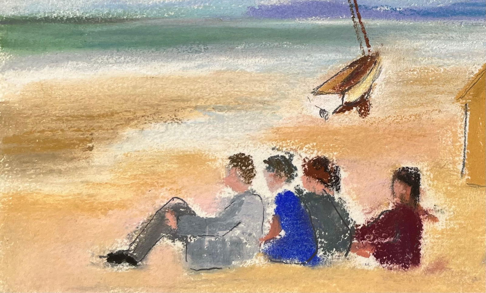 Anne Marie Migette Perard; French Mid-Century Pastel Beach Scene with Sailboat and Bathing Huts - 17