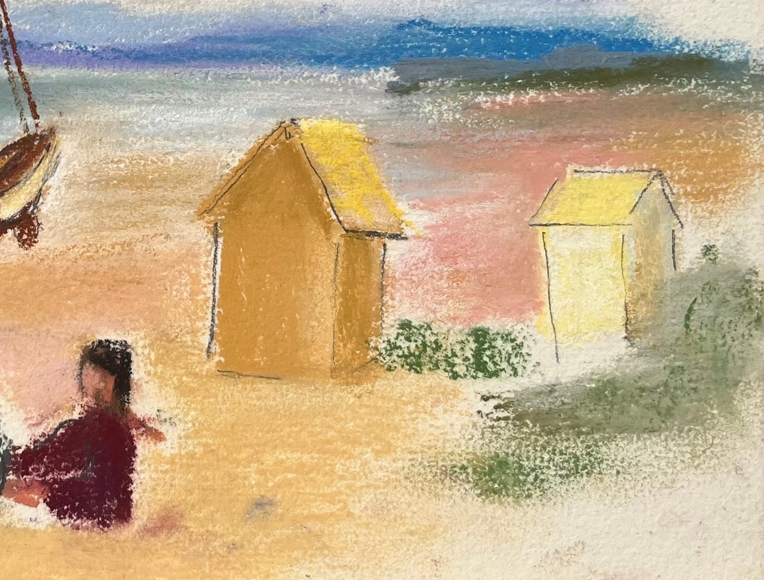 Anne Marie Migette Perard; French Mid-Century Pastel Beach Scene with Sailboat and Bathing Huts - 2