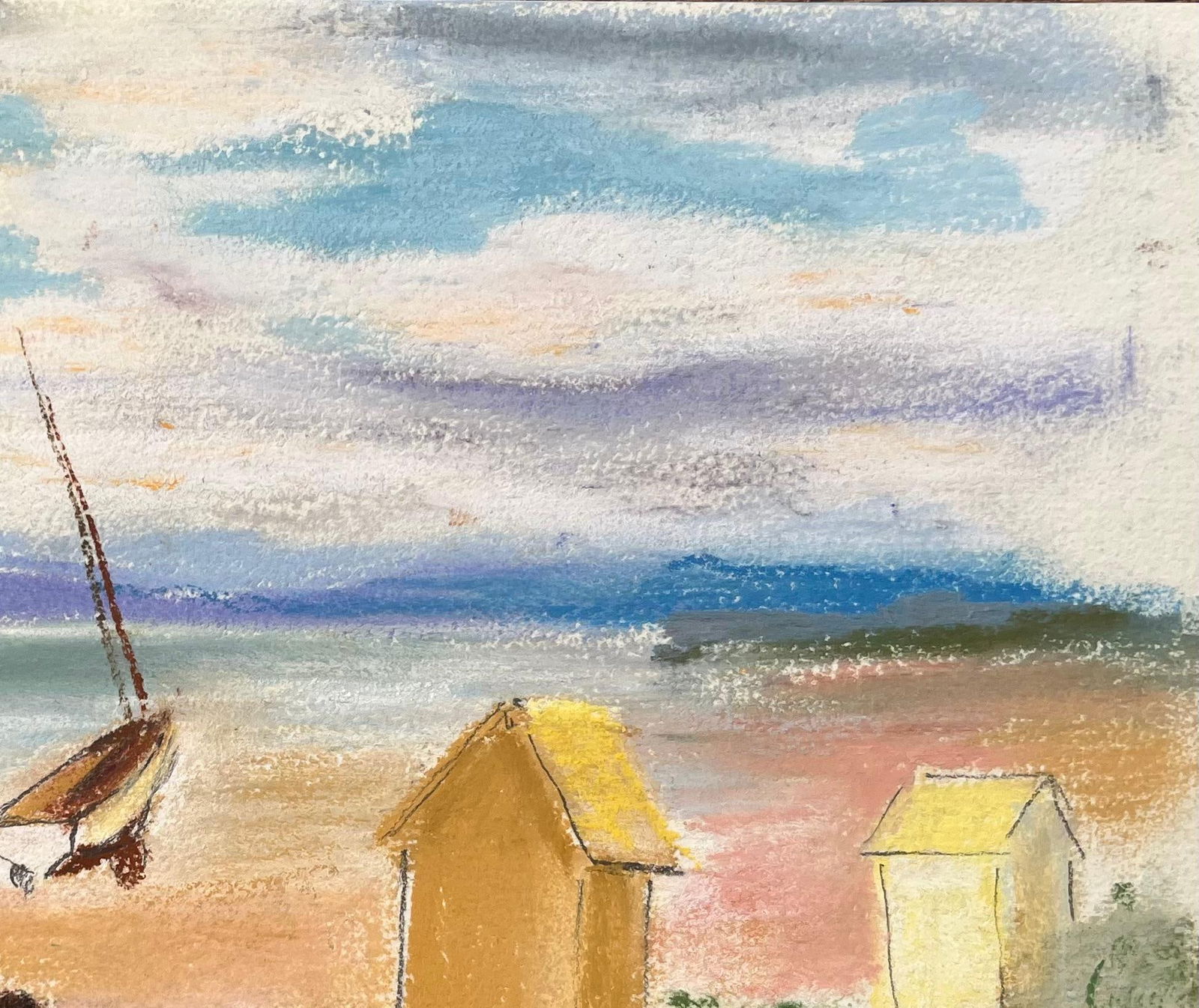 Anne Marie Migette Perard; French Mid-Century Pastel Beach Scene with Sailboat and Bathing Huts - 4