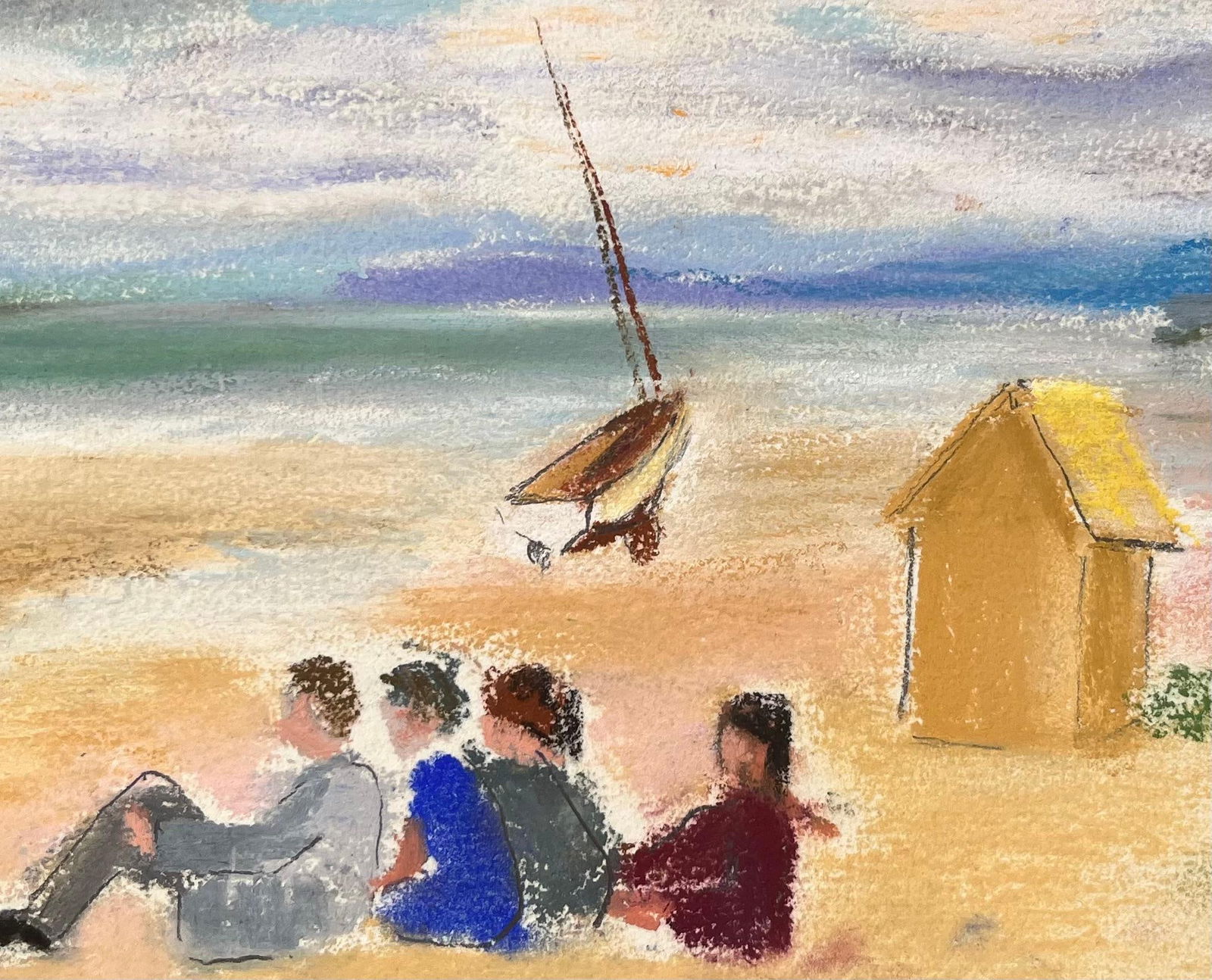 Anne Marie Migette Perard; French Mid-Century Pastel Beach Scene with Sailboat and Bathing Huts - 5
