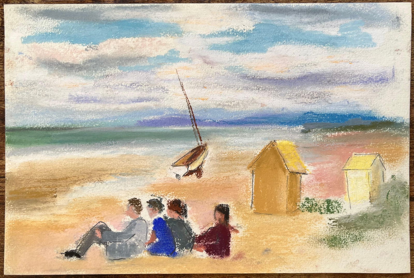 Anne Marie Migette Perard; French Mid-Century Pastel Beach Scene with Sailboat and Bathing Huts - 8